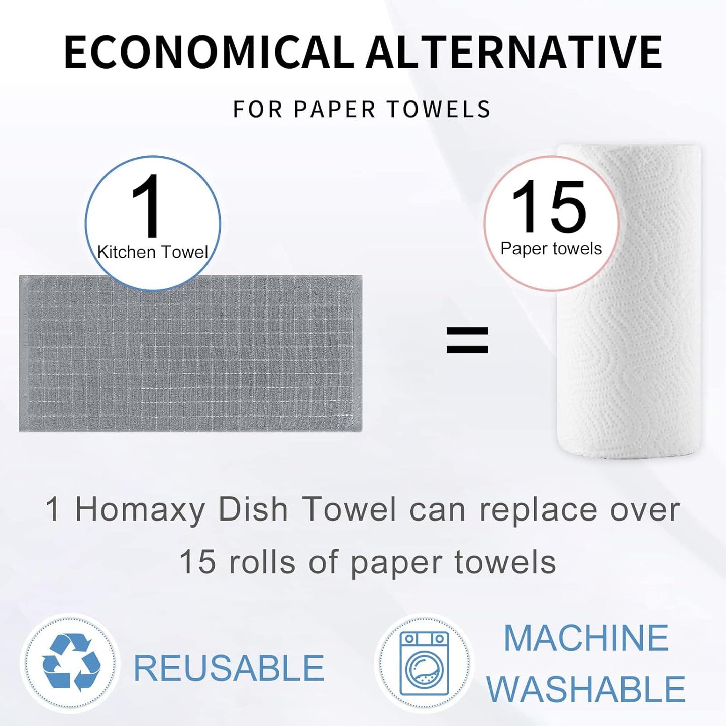 Homaxy 100% Cotton Terry Kitchen Towels(Grey, 13 x 28 inches), Checkered Designed, Soft and Super Absorbent Dish Towels, 4 Pack