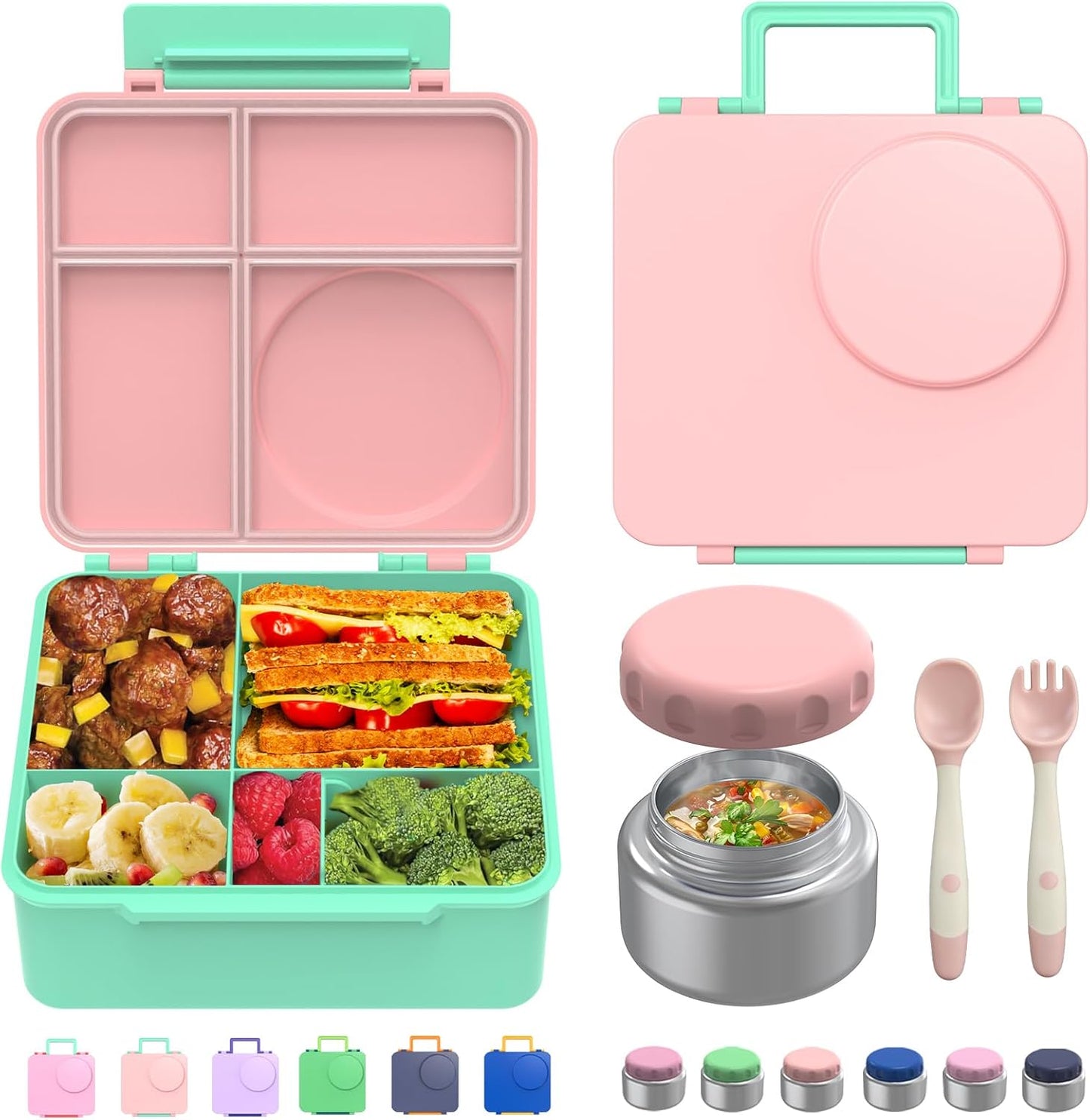 Bento Box for Kids - Leak-Proof Lunch Box with Insulated Thermos Food Jar - 4 Compartments, 1 Removable Divider, 1Spoon, 1 Fork - Dishwasher Safe, BPA-Free (Light pink)