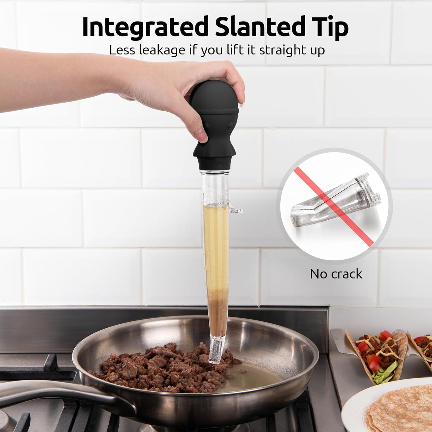 U-Taste 1.5oz Angled Turkey Baster - 228.2ºF Heat Resistant Food Grade Tritan and Silicone Large Octopus Bulb Baster Set with Cleaning Brush for Cooking Basting Meat Poultry Beef Chicken (Black)