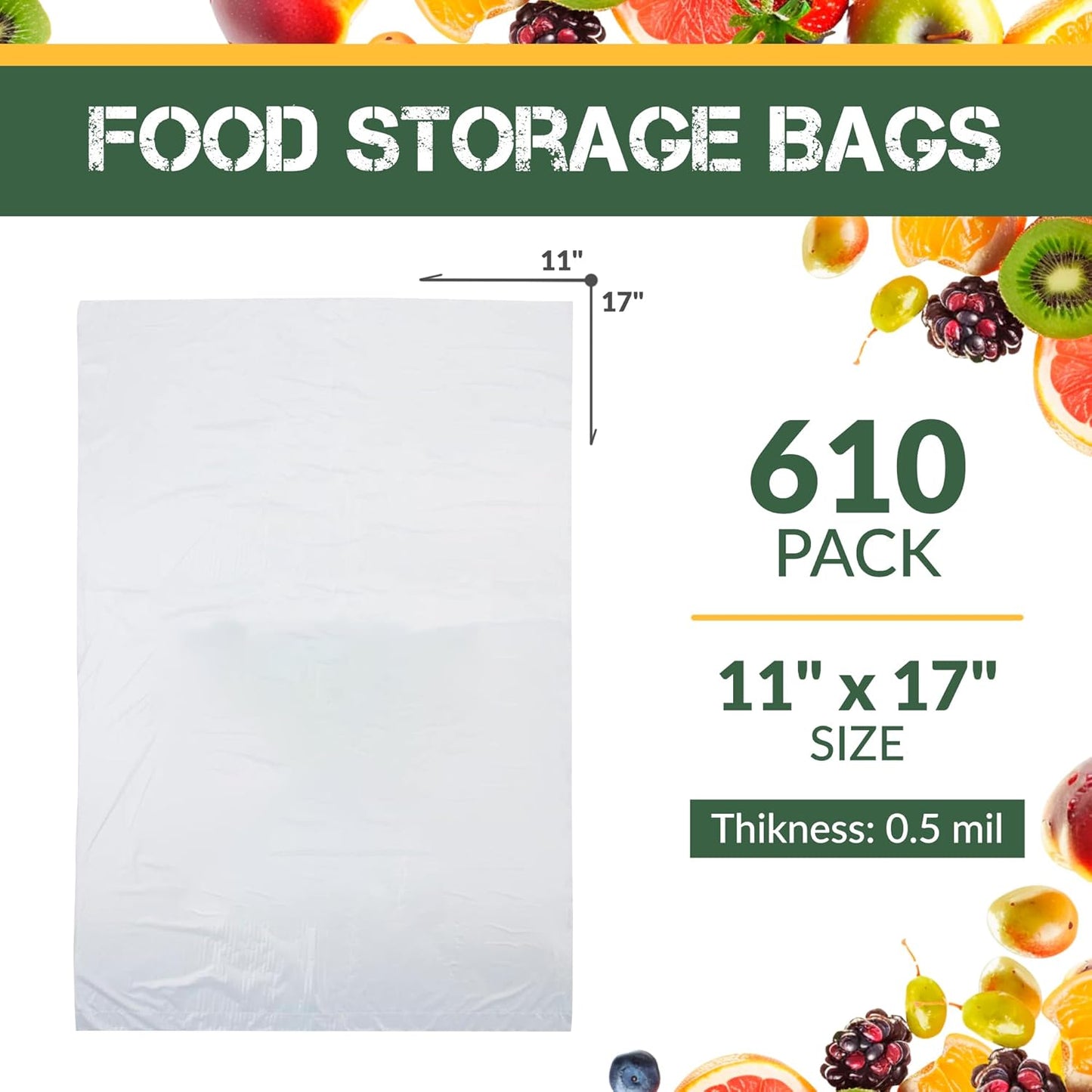 Plastic Produce Bag on a Roll, 11 x 17 Inch. Roll of 610 Clear Food Storage Bags, 0.5 Mil. Roll of Plastic Bags for Food. Clear Food Bags. Plastic Food Bags for Meat, Fruits, Meals