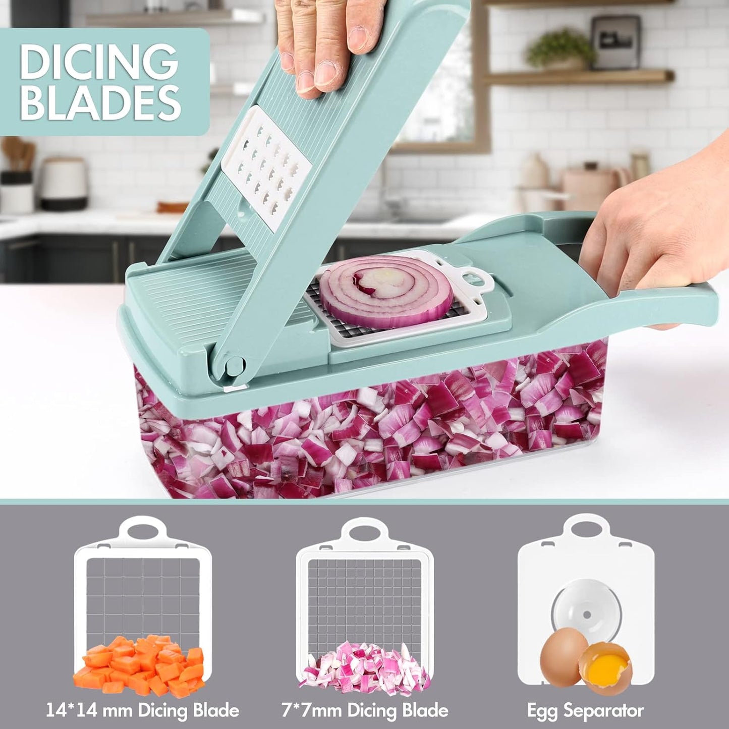 Ourokhome Vegetable Chopper Onion Cutter, 12 in 1 Professional Mandoline Slicer for Kitchen, Multifunctional Food Chopper for Potato, Tomato, Veggie with Strainer Basket, 8 Blades, Blue