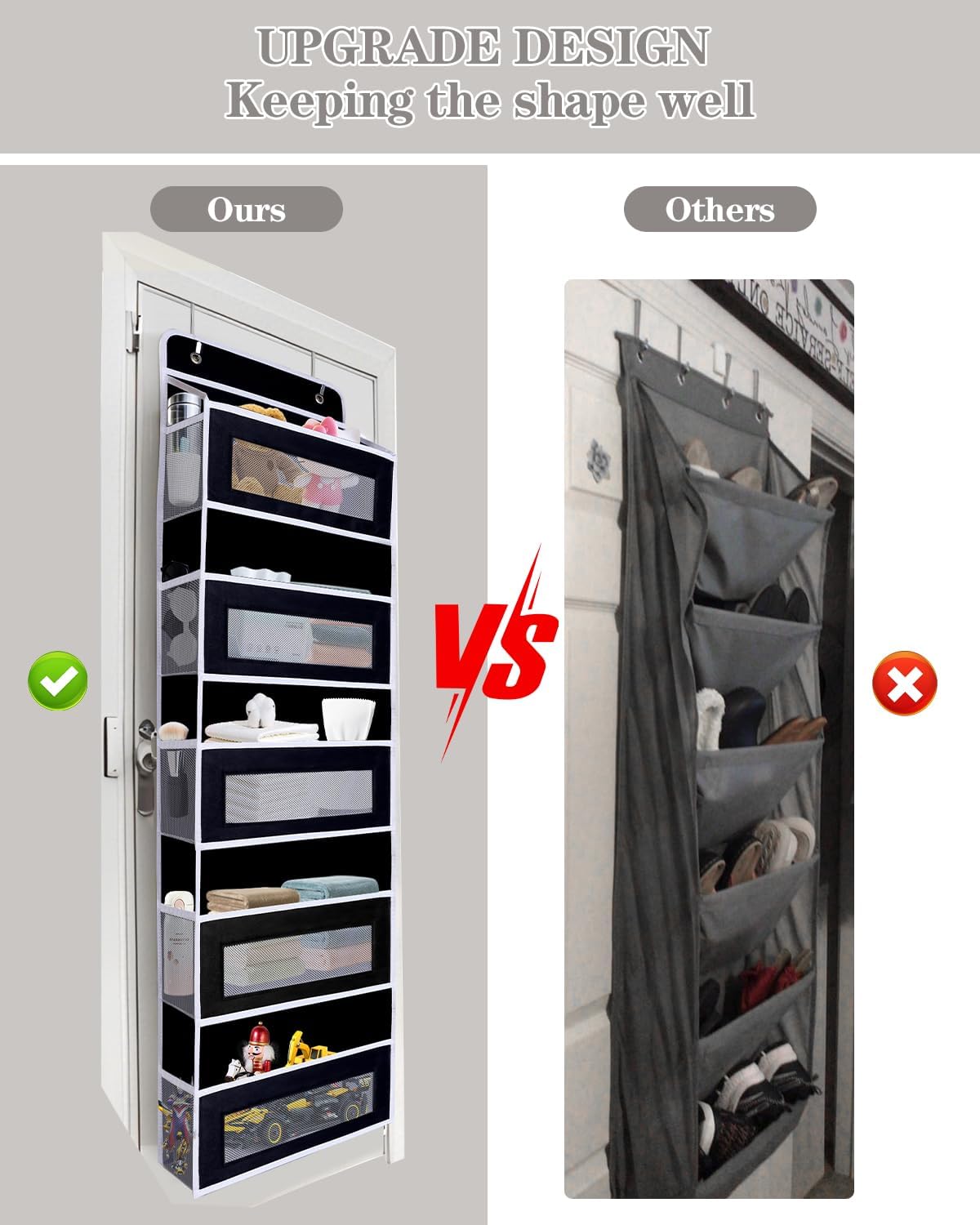 Over Door Hanging Storage Organizer, 5 Large Pockets, 10 Mesh Pockets,Black, 44 lbs Capacity (Black)