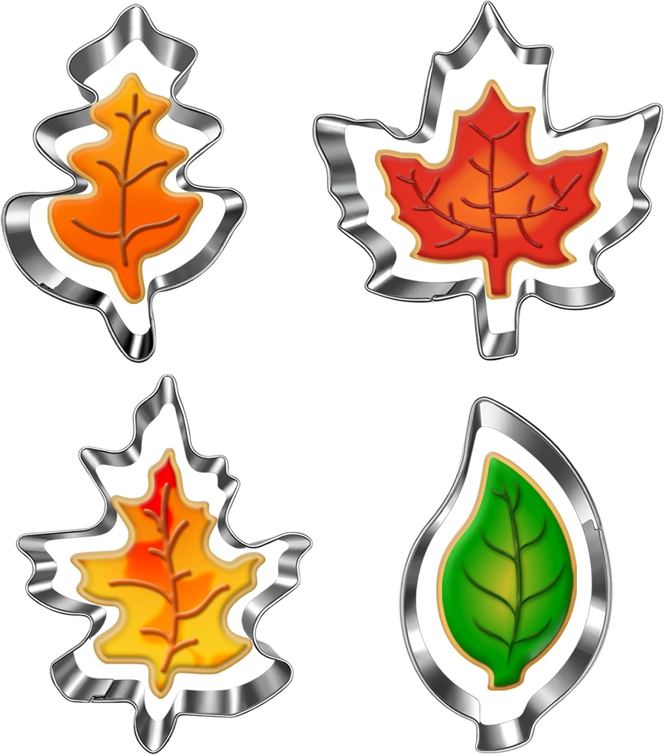 Fall Leaf Cookie Cutters-4 Piece Set-Maple, Oak Leaf Shapes-Dishwasher Safe-Fall Holiday Themed Cookie Cutters