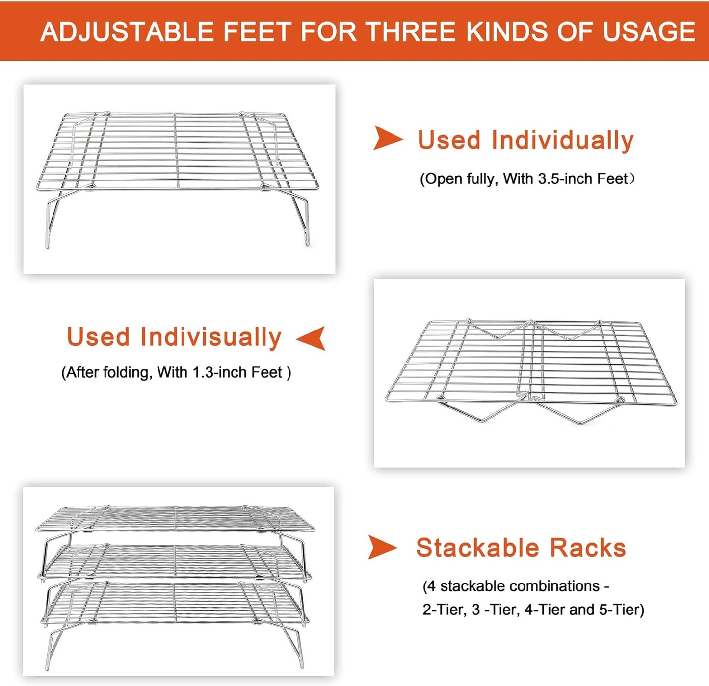 P&P CHEF Cooling Rack, 5-Tier Stainless Steel Stackable Baking Cooking Racks for Cooling Roasting Grilling, Collapsible & Heavy Duty, Oven Safe & Easy Clean, 15" x 10", Silver