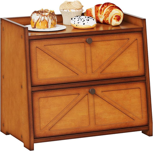 Vintage Double Layer Bread Box for Kitchen Counter Bamboo Bread Storage Container Large Capacity Bread Storage Bin