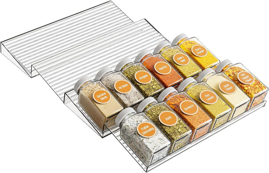 Yieach 4 Pack Adjustable In Drawer Spice Organizer - Expandable From 11'' to 22'' - Acrylic Drawer Seasoning Organizer,Clear Spice Organization Tray for Cabinet Drawers Condiment,Nail Polish and Jar