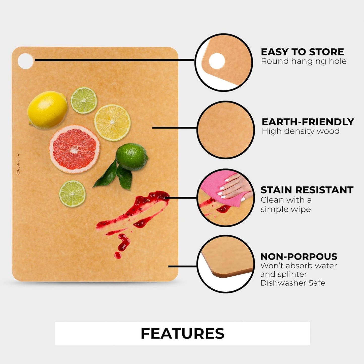 Freshware Wood Cutting Boards for Kitchen, Dishwasher Safe, Medium 12" x 9" and Large, 15" x 11.25", Set of 2, Natural