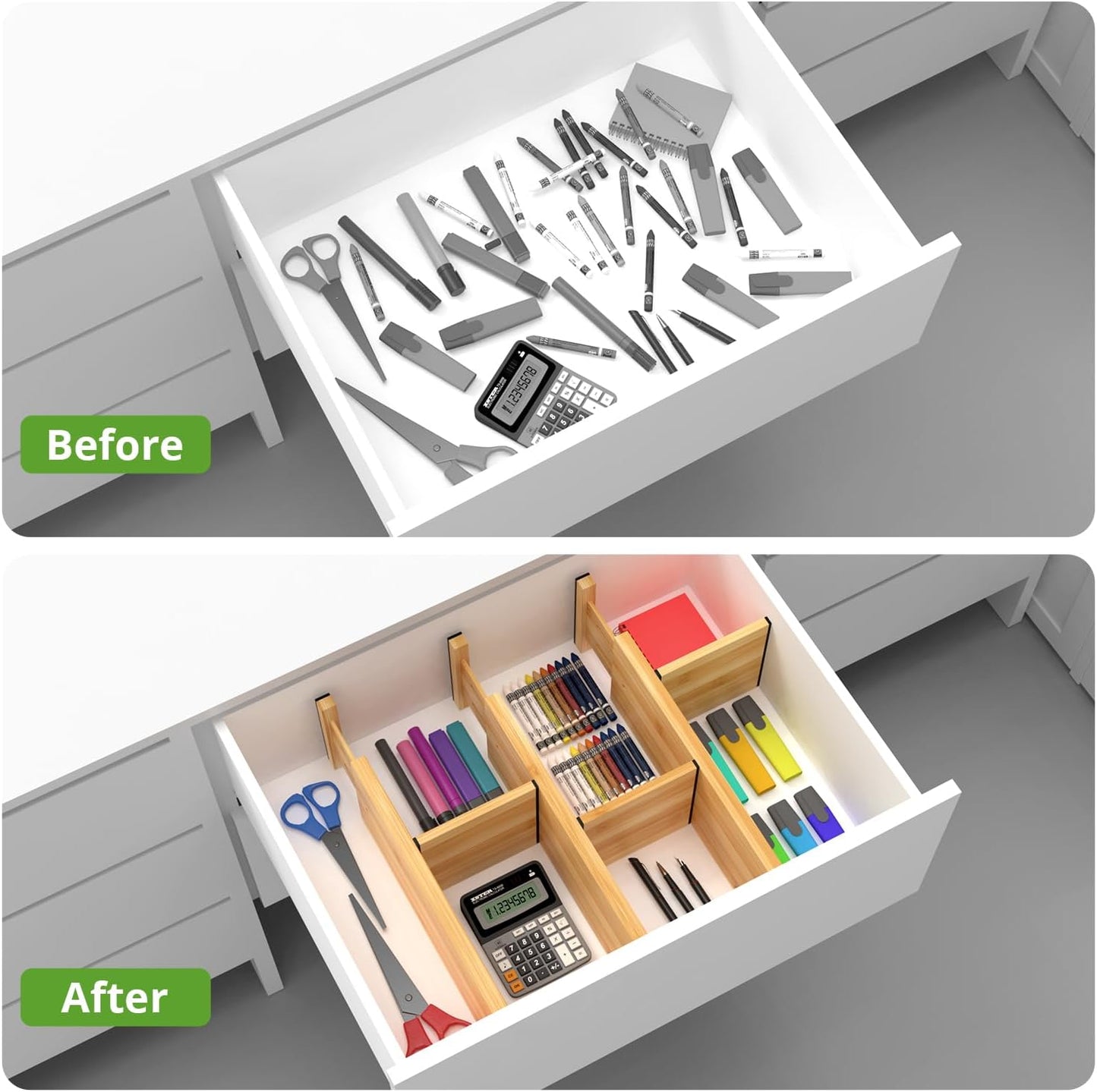 ANTOWIN 4 Pack Expandable Drawer Dividers, 4.7'' High, Extend from 12.2'' to 17.7'', Dresser Drawer Organizers, Bamboo Separators for Kitchen, Bedroom, Office, Bathroom (Natural)