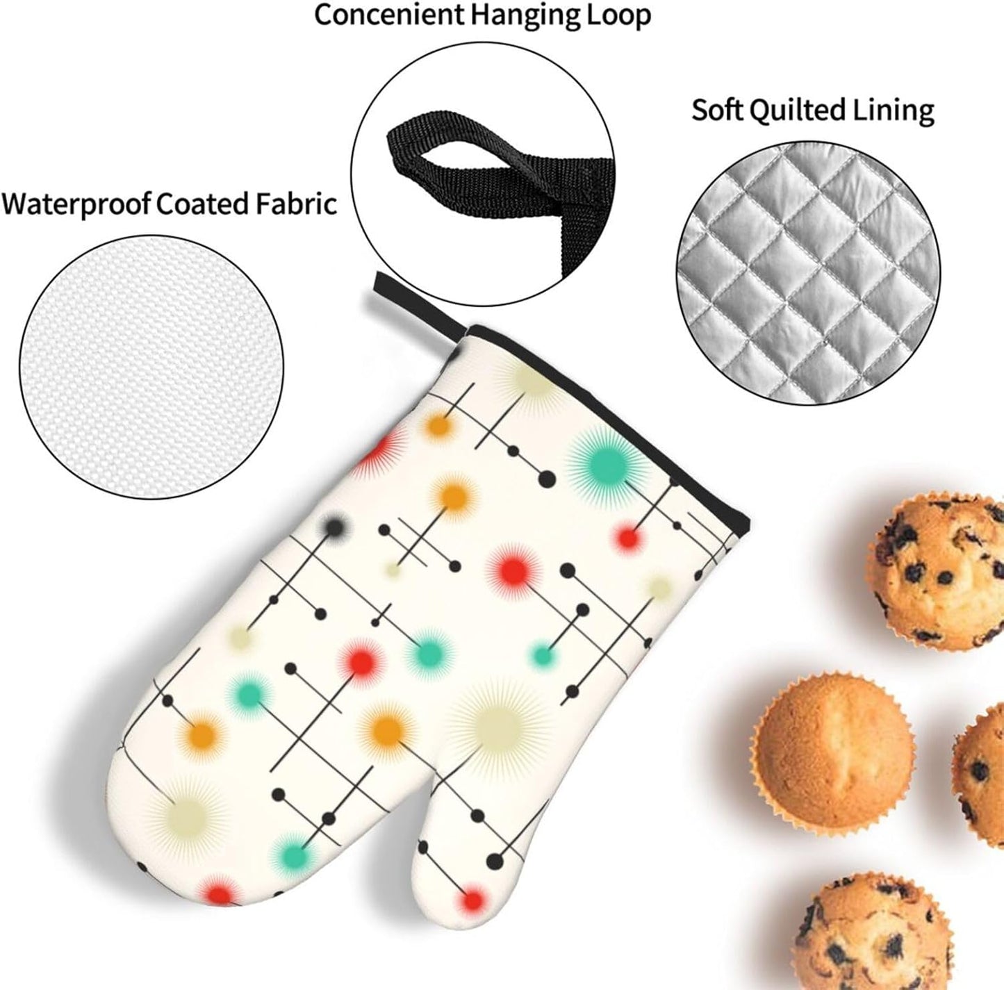 Mid Century Modern Oven Mitts and Pot Holders Sets of 3 Heat Resistant Non Slip Retro Kitchen Gloves Hot Pads for Cooking BBQ Grilling Baking