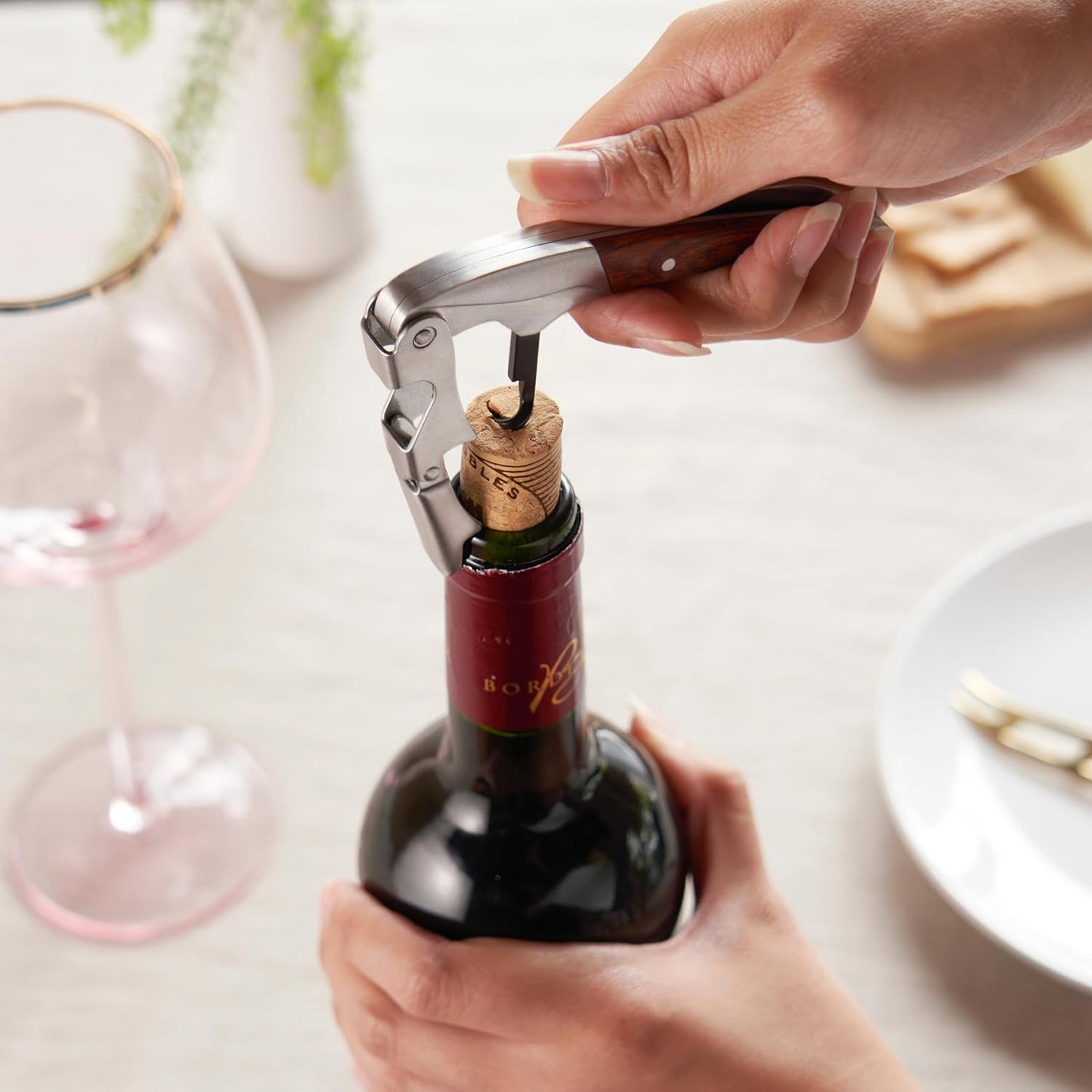 Twine Wood Handle Double HInged Corkscrew, Stainless Steel Wine Key with Foil Cutter