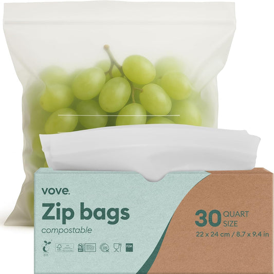 Vove Compostable Quart Bags, Large 30 Count – Freezer Safe, Leak Resistant, Non Toxic Food Storage for Leftovers & Meal Prep, Plastic-Free Eco Bags