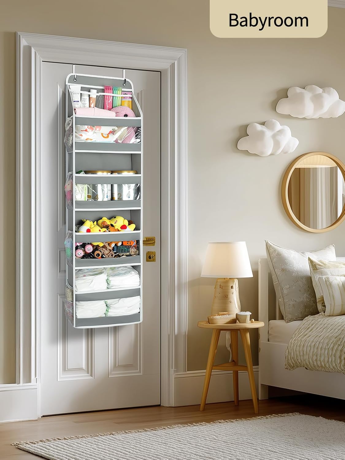 Yecaye 5 Tier 1Pc Over the Door Organizer, Swing-proof Door Organizer Hanging with Clear PVC Windows, Behind the Door Storage for Bedroom Nursery Closet Laundry Pantry Bathroom, Grey