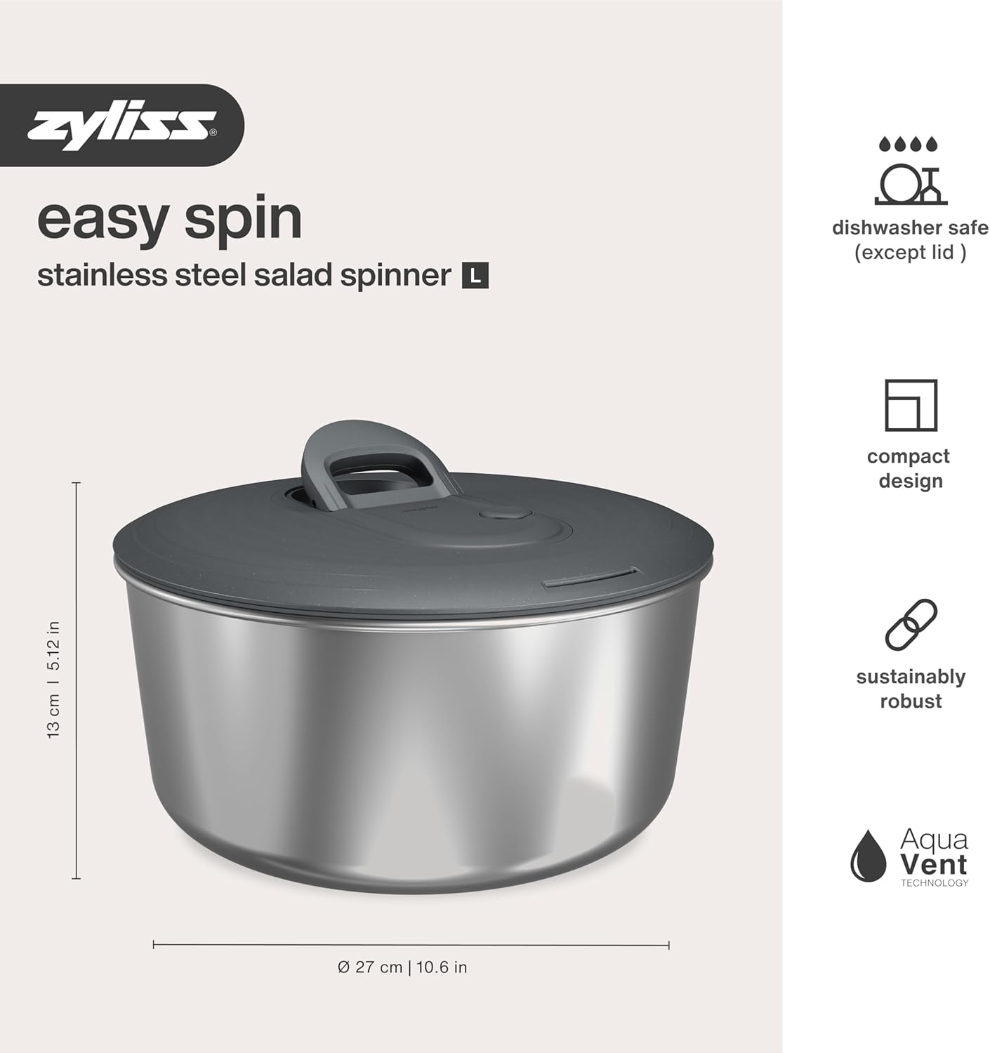 Zyliss Easy Spin Salad Spinner - Fruit & Veggie Dryer - Produce Spinner & Cleaner for Salad Prep - Dishwasher-Safe Kitchen Essential - Non-Slip Bowl with Pull Handle - New Stainless Easy Spin Large