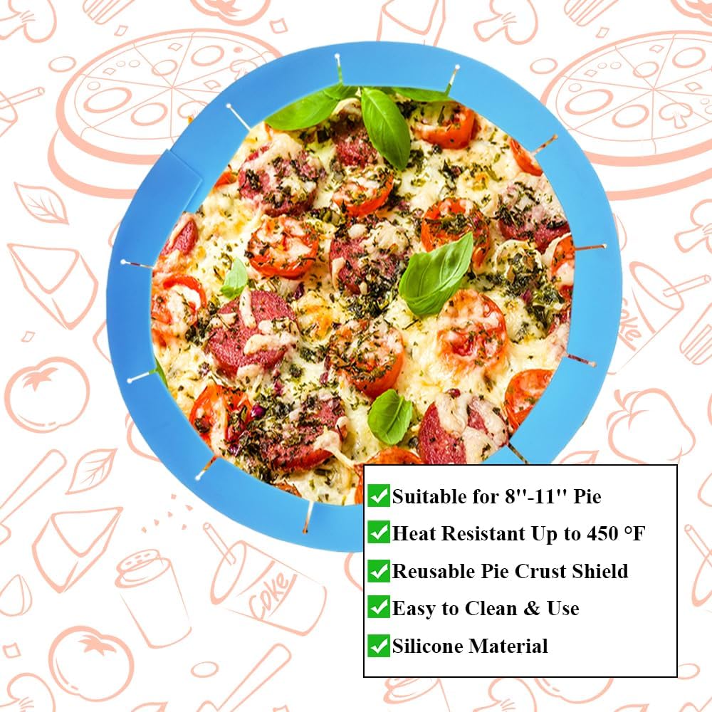 Adjustable Pie Crust Shields, Silicone Baking Protectors, Cover Ring Tools Fits 8-11.4 Inch Pies, Baking Pie Pizza Crust Shield Protector Cover for Edges ﻿ (Blue)