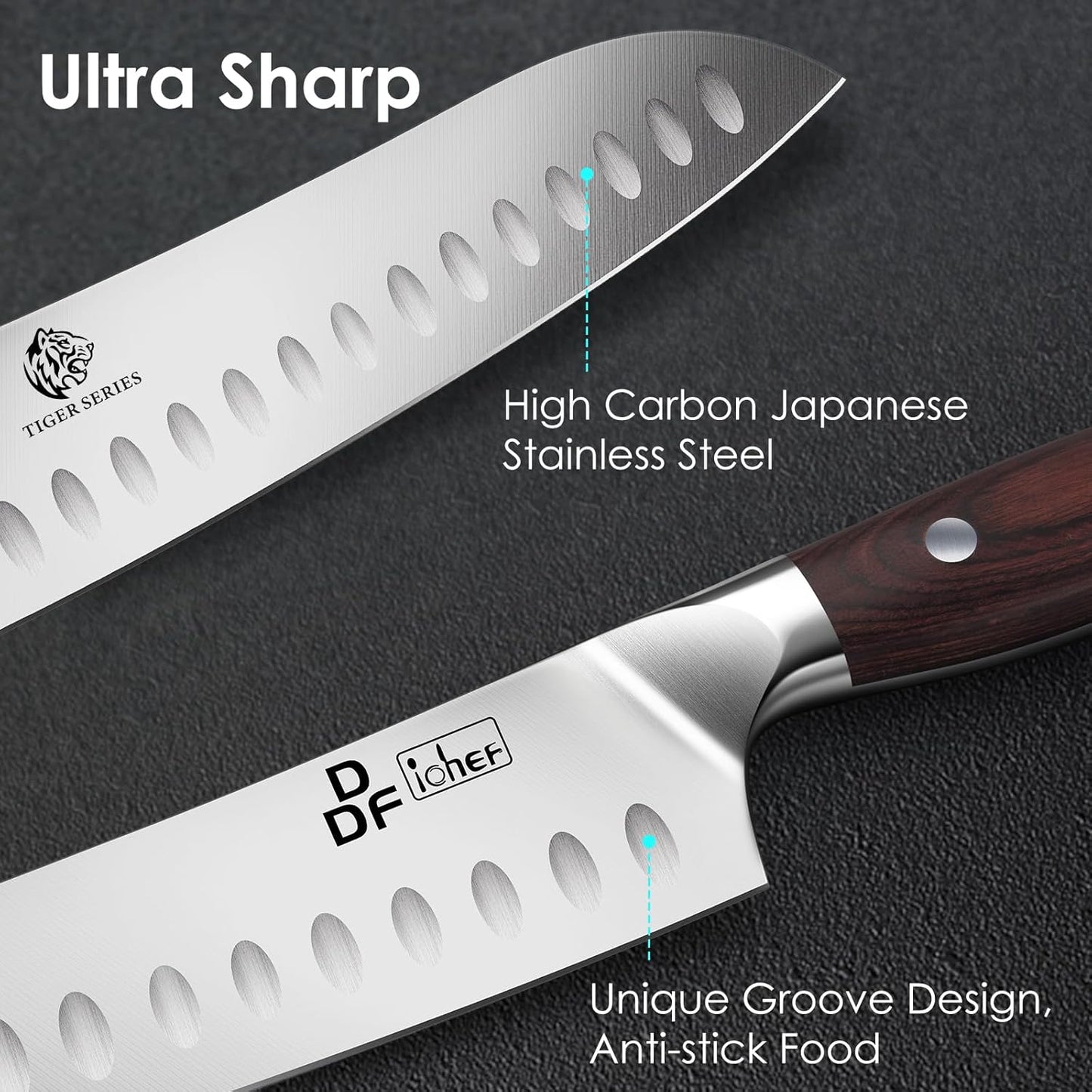 DDF iohEF Kitchen Knife 7 inch Chef Knife Professinal Santoku Knife, Japanese Stainess Steel Ultra Sharp Cooking Knife with Ergonomic Handle for Chopping Vegetable and Cooking