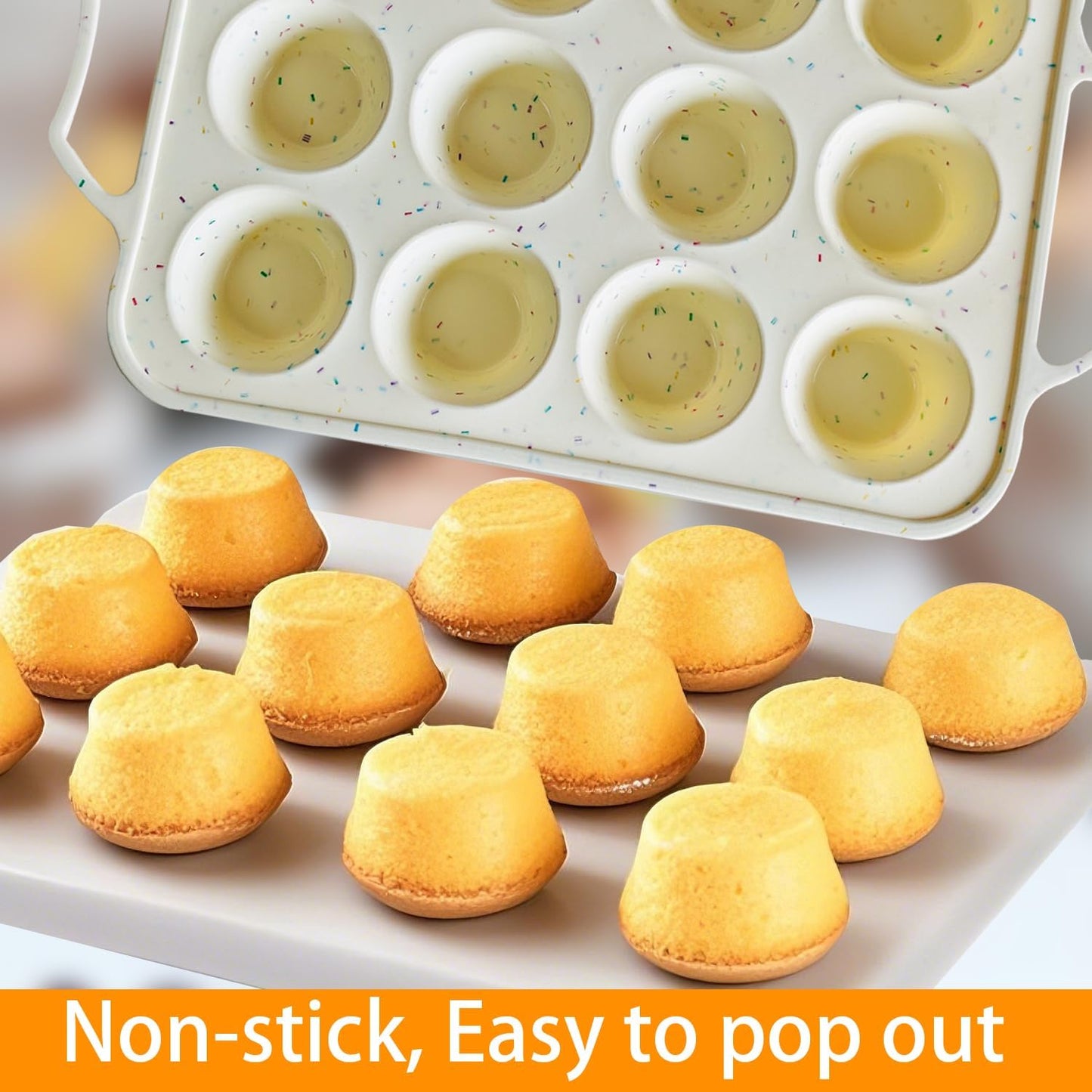 SOV Silicone Muffin Pan for Baking with Metal Reinforced Frame, Non-Stick 12 Cups Muffin Pan for Muffin Cakes, Tart, Bread,Cupcake Baking Pan Molds, Oven & Dishwasher Safe, 2 packs (white-D)