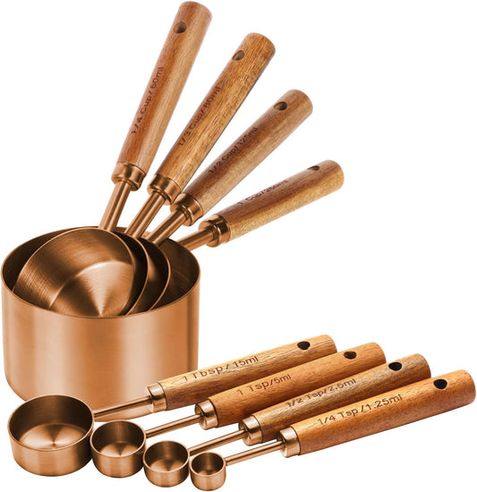 Copper Stainless Steel Measuring Cups and Spoons Set,8 Piece Measuring Cup Set with Wooden Handle and Metric and US Measurements，Copper Polished Finish，for Cooking and Baking in The Kitchen