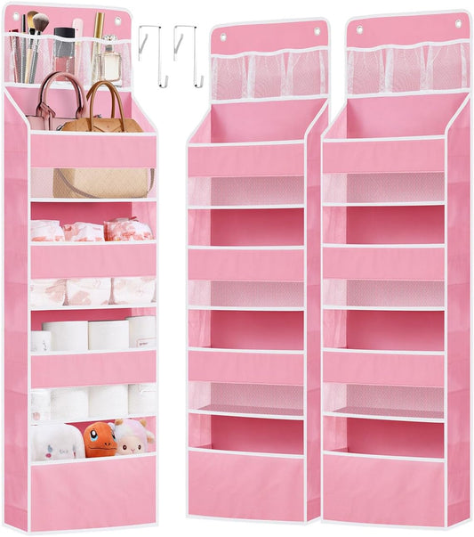 2 Pack Over The Door Organizer, Hanging Storage Organization with Large Capacity Pockets, Swing-Proof Behind Door Storage Shelf for Kicthen Bedroom Nursery Kids Toys Shoes,Pink