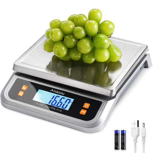 88lb Food Scale, Commercial Kitchen Scale Plug-in Usable with Full View LCD Display, Stainless Steel, for Baking, Bread, Cooking, Meat, Vegetables, Farm, Industry LC200