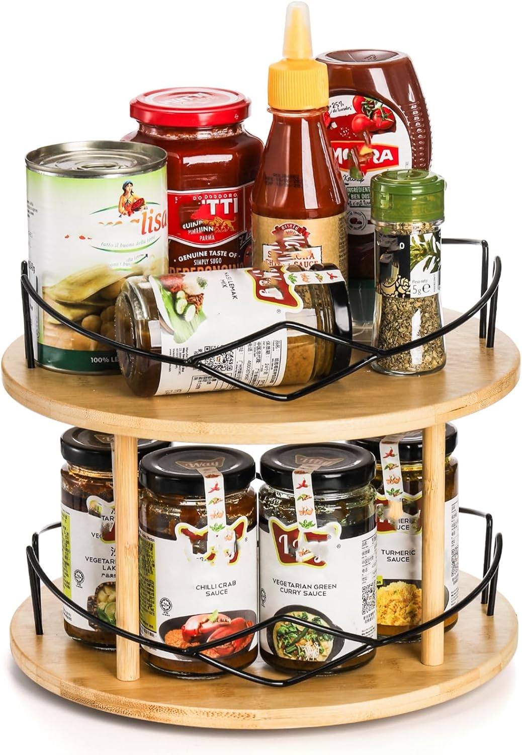 Yopay Lazy Susan Organizer 2 Tier, Bamboo Rotating Spice Rack for Kitchen Countertop Cabinet, Spinning Makeup Turntable Organizer with Steel Side for Vanity, Dining Table, Pantry, Condiments, 11 Inch