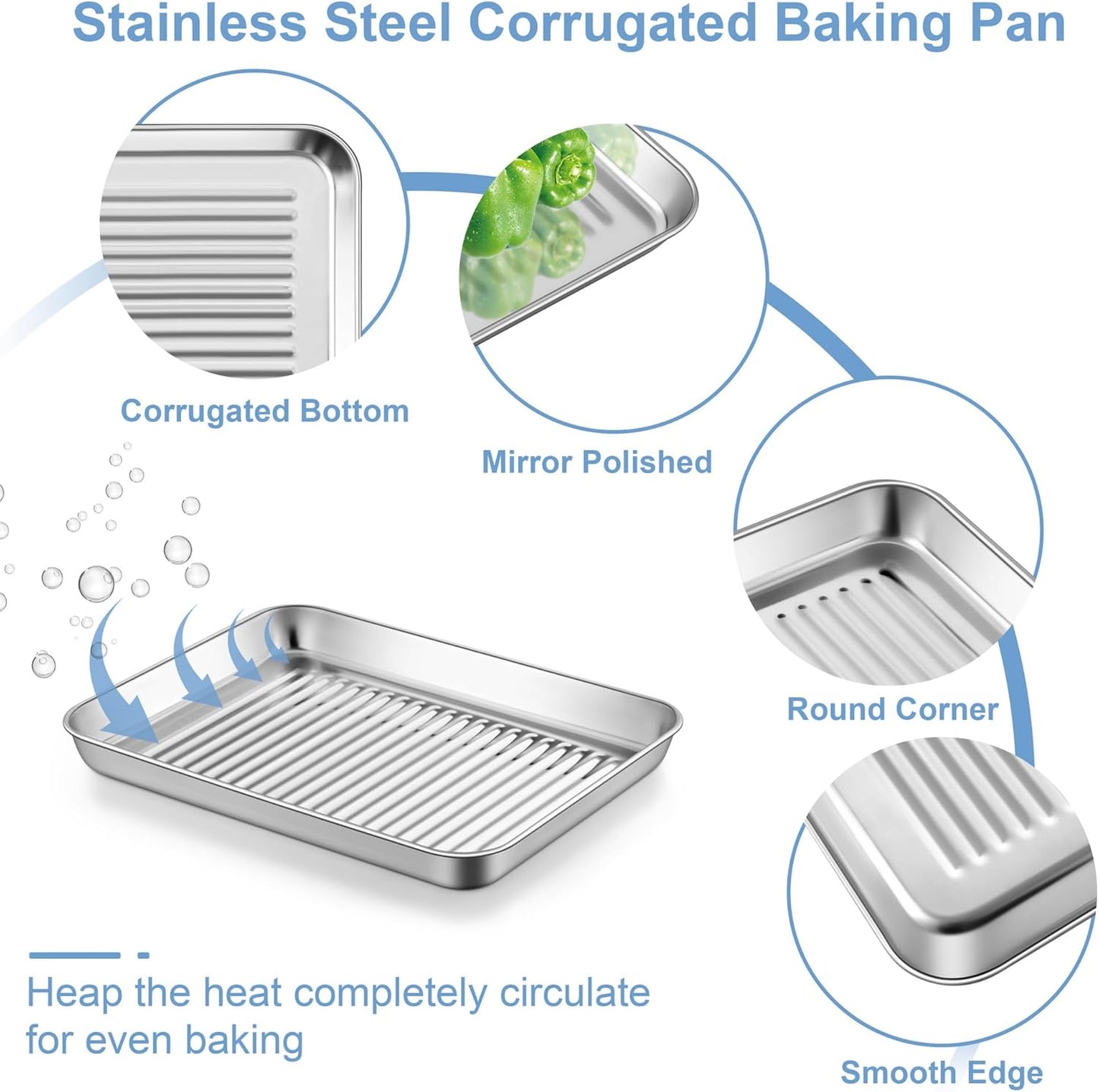 TeamFar Toaster Oven Pan with Cooling Rack, Stainless Steel Mini Baking Tray for Compact Toaster Oven, 9 Inch, Corrugated Bottom & Grid Mesh, Healthy & Heavy-Duty, 1 Pan + 1 Rack