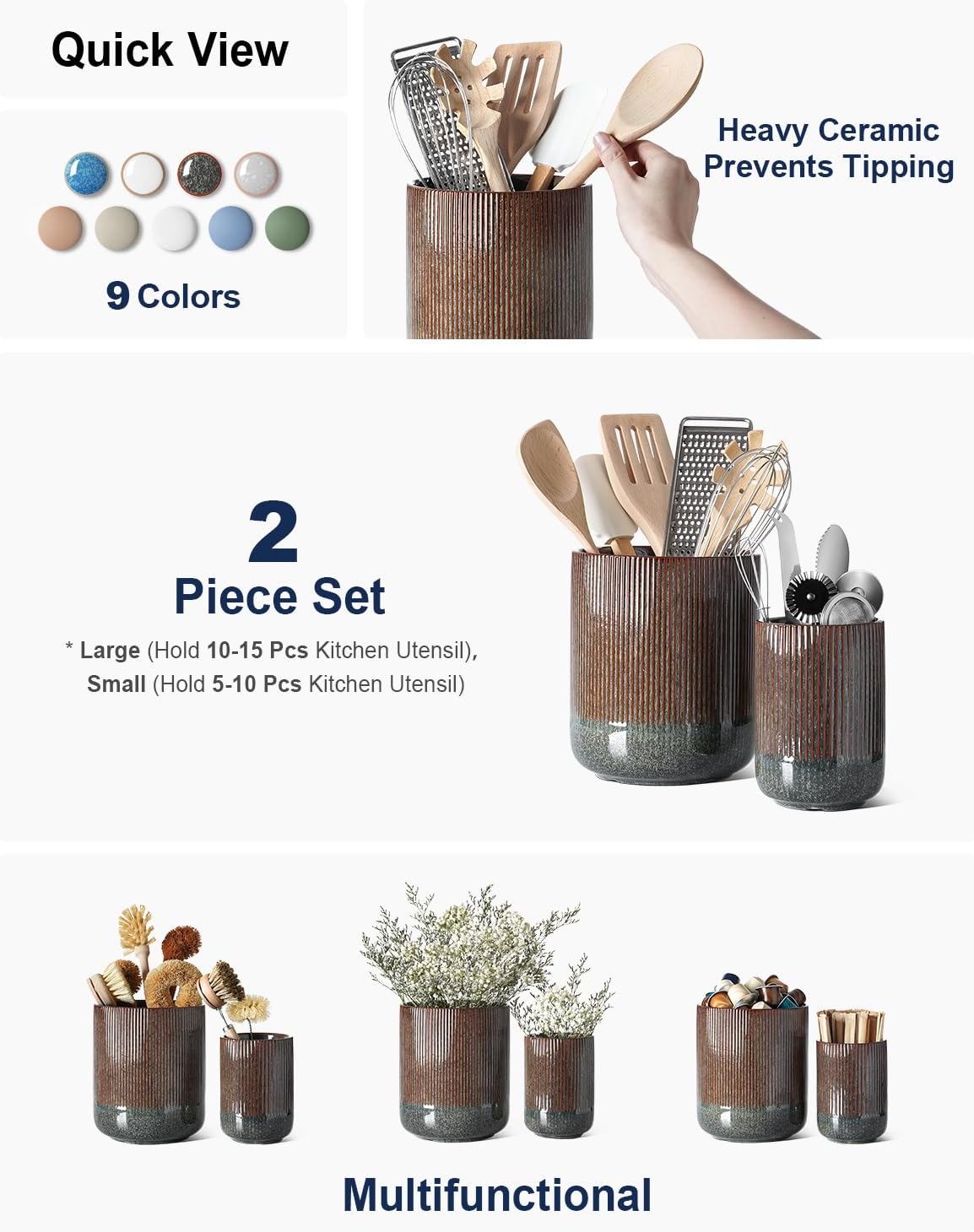 LE TAUCI Utensil Holder, 7.3"+5.4" Ceramic Kitchen Utensil Holder for Countertop, Black Cooking Utensil Crocks for Kitchen Counter, Morden Utensil Organizer for Spatula, Set of 2, Marble Dark Olive