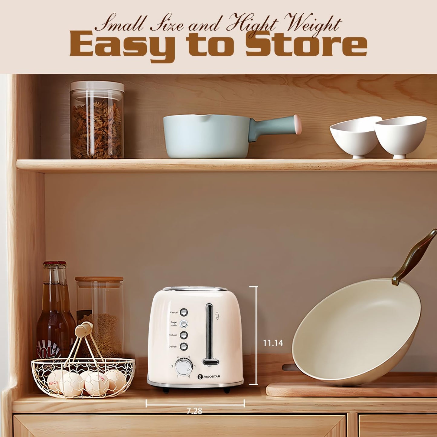 Aigostar Toaster 2 Slice, Retro Extra-Wide Slot Toasters Best Rated Prime for Toasting Bagels, Breads, Waffles & More, Cancel, Defrost & 6 Browning, Removable Crumb Tray, Stainless Steel, Cream White