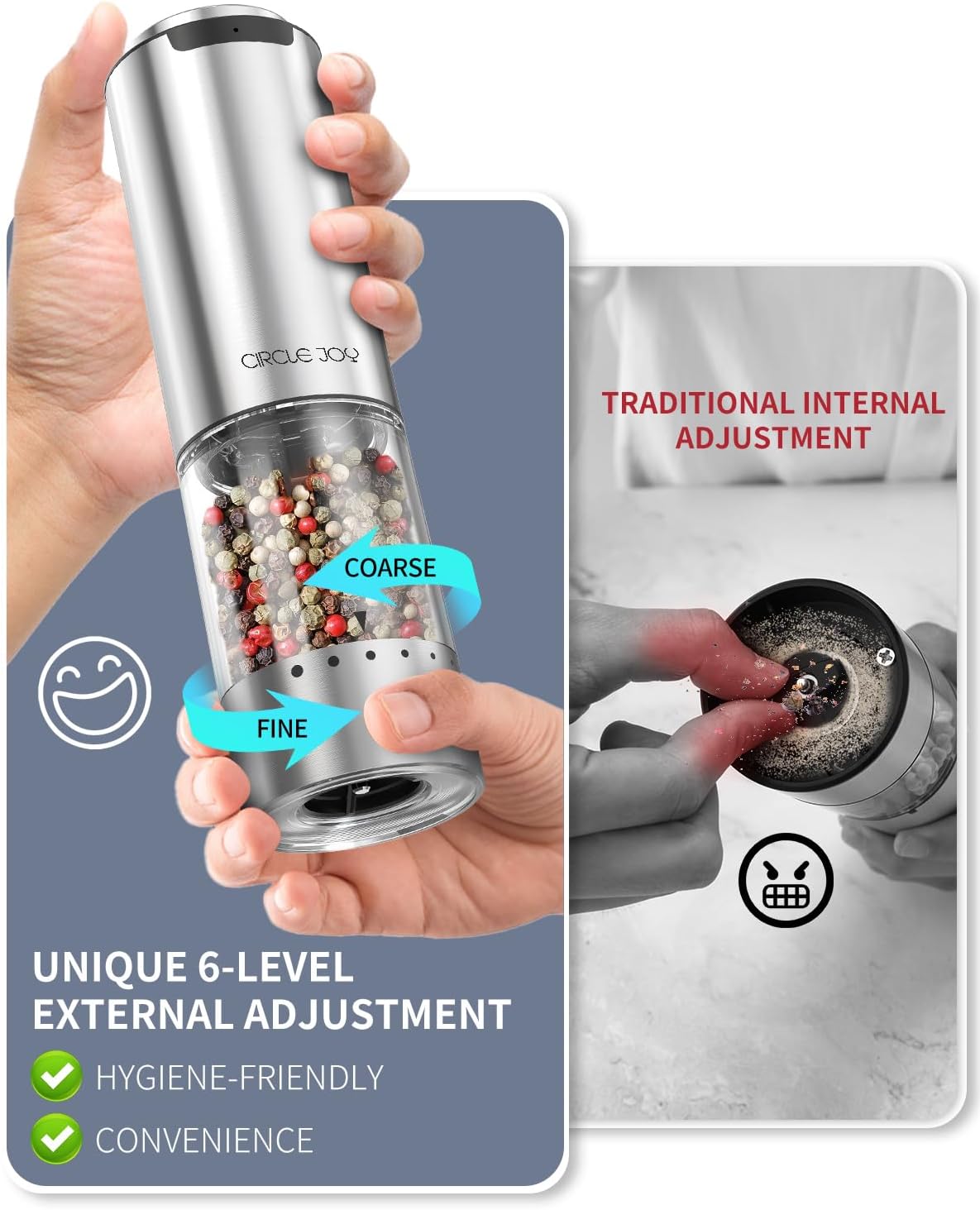 CIRCLE JOY Electric Pepper Grinder Stainless Steel Rechargeable Pepper Mill with External Adjustable Coarseness, 95ml Container and White LED Light, Silver