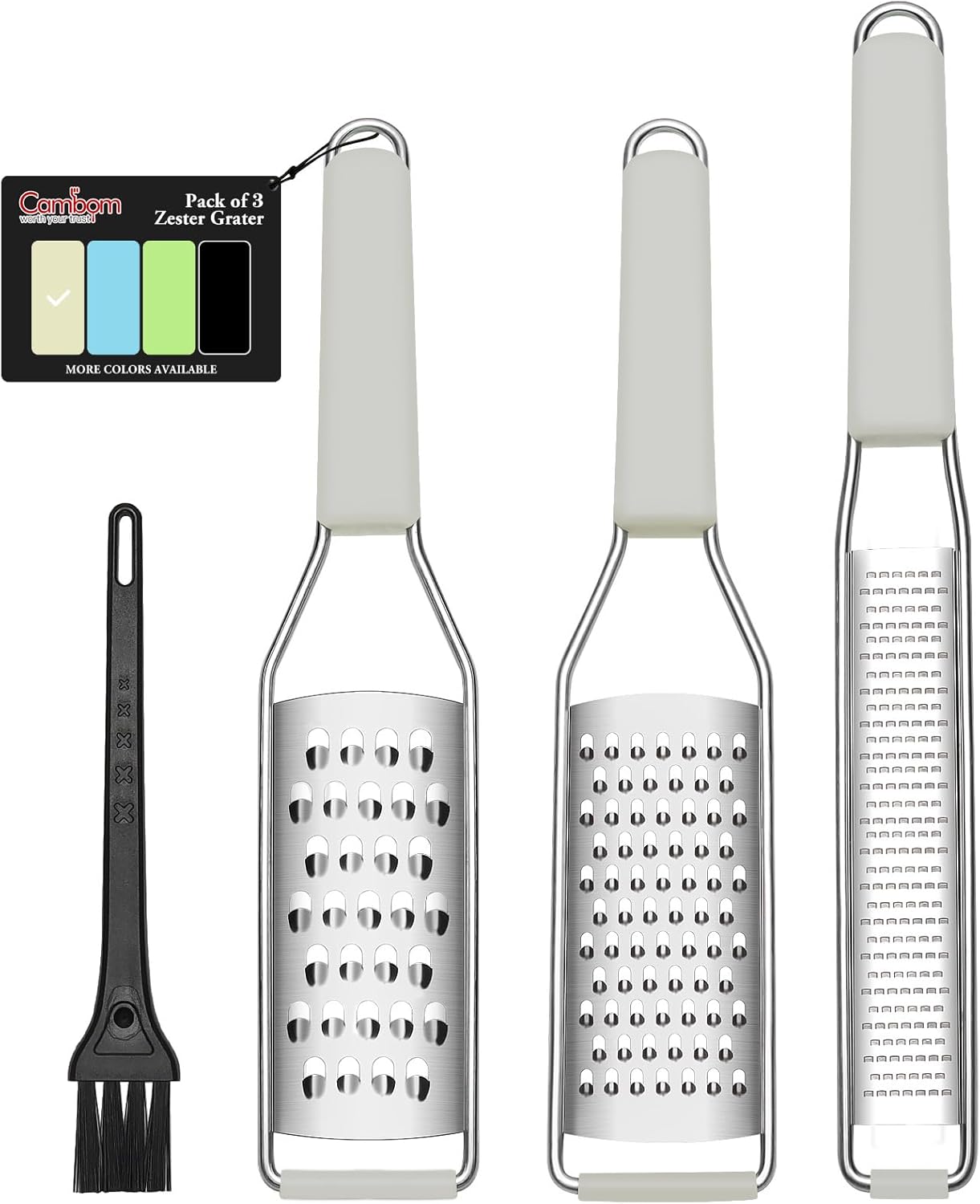 Cambom Lemon Zester Grater Three-piece Suit - Heavy Duty Kitchen Tool for Parmesan Cheese, Ginger, Garlic, Nutmeg, Chocolate, Vegetables，Fruits，Stainless Steel Grater Dishwasher Safe Clear