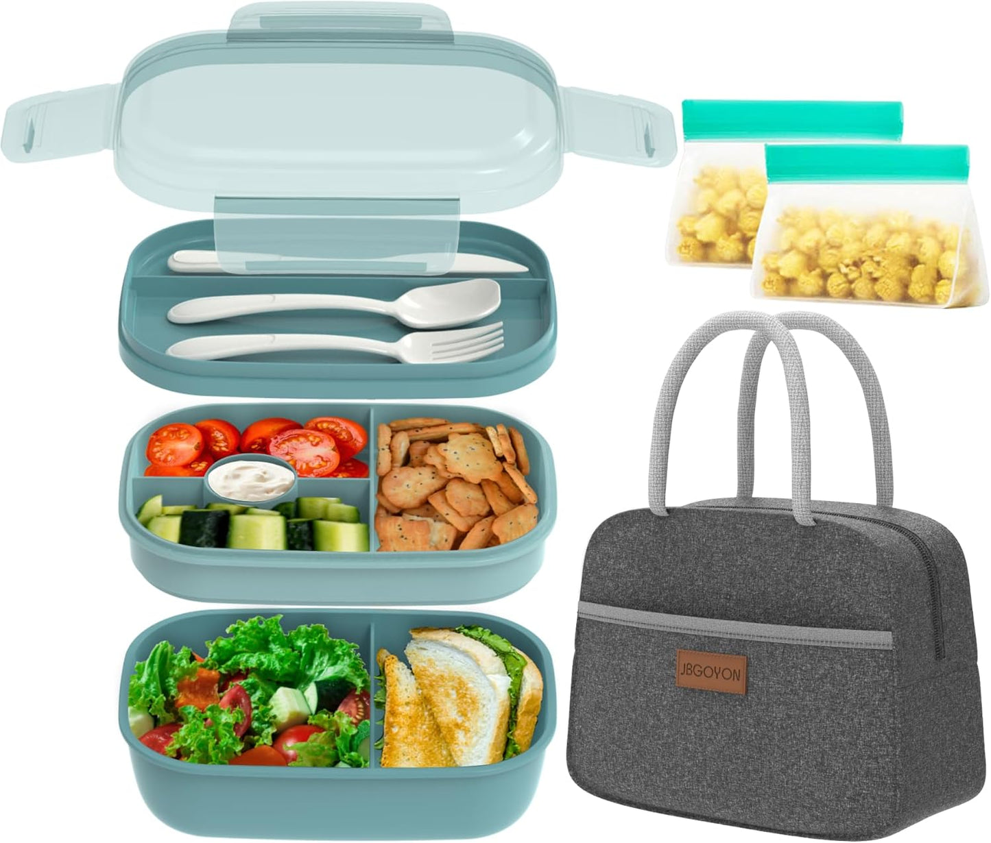 JBGOYON® Bento Lunch Box for Adults, Kids, Men, and Women – Includes Stackable Lunch Containers and Lunch Bag, Perfect for Boys and Girls, Microwave Safe and BPA-Free（Green ）