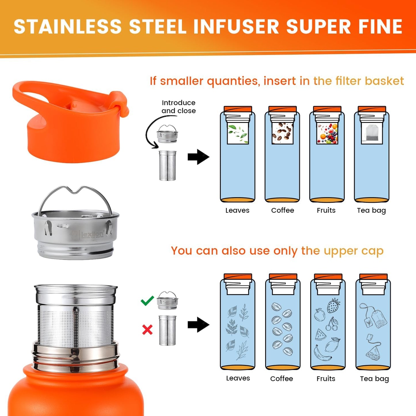 Lexlion 32 Oz Triple Walled Insulated Stainless Steel Fruit Infuser Bottle, Thermal Leaf Infuser, Silicone Sleeve, 3 Lids Leakproof, Metal Mug Gallon