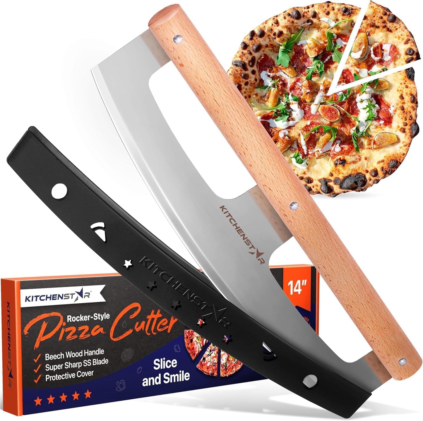 KitchenStar 14-Inch Pizza Cutter Rocker Blade - Razor Sharp Stainless Steel Slicer Knife, Stylish Beech Wood Handle, Protective Cover - Professional Pizza Oven Accessories, Silver