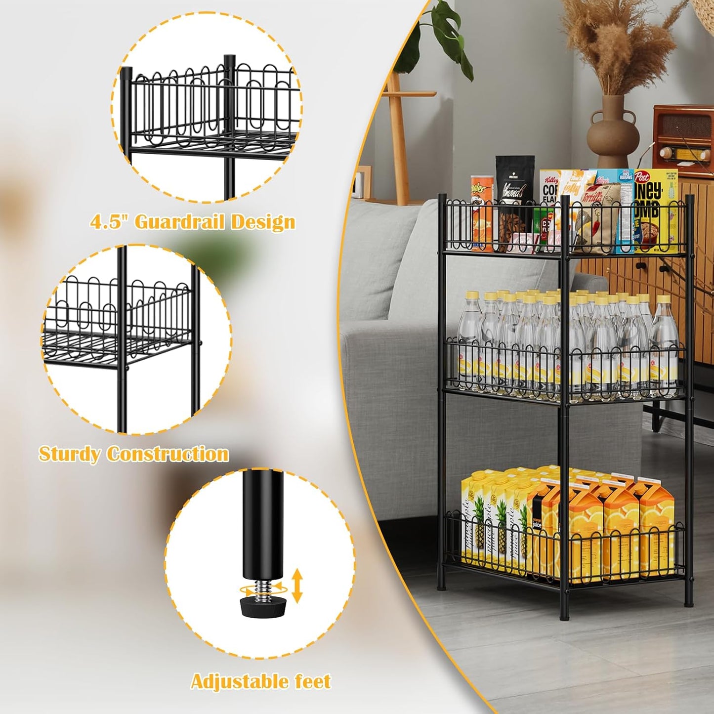 OYEAL Water Bottle Holder Rack 3 Tier Soda Drink Organizer Vertical Metal Food Storage Shelf for Kitchen Countertop Pantry, Can Storage Organizer for Pantry