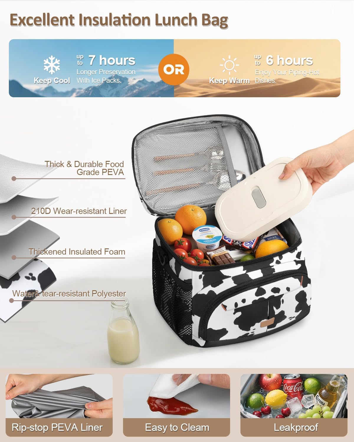 Lunch Box for Man Women, Insulated Lunch Bag Cooler Bag Leakproof Lunchbox Lunch Tote Bags with Removable Strap for Work School Picnic Travel (Cowprint/12L