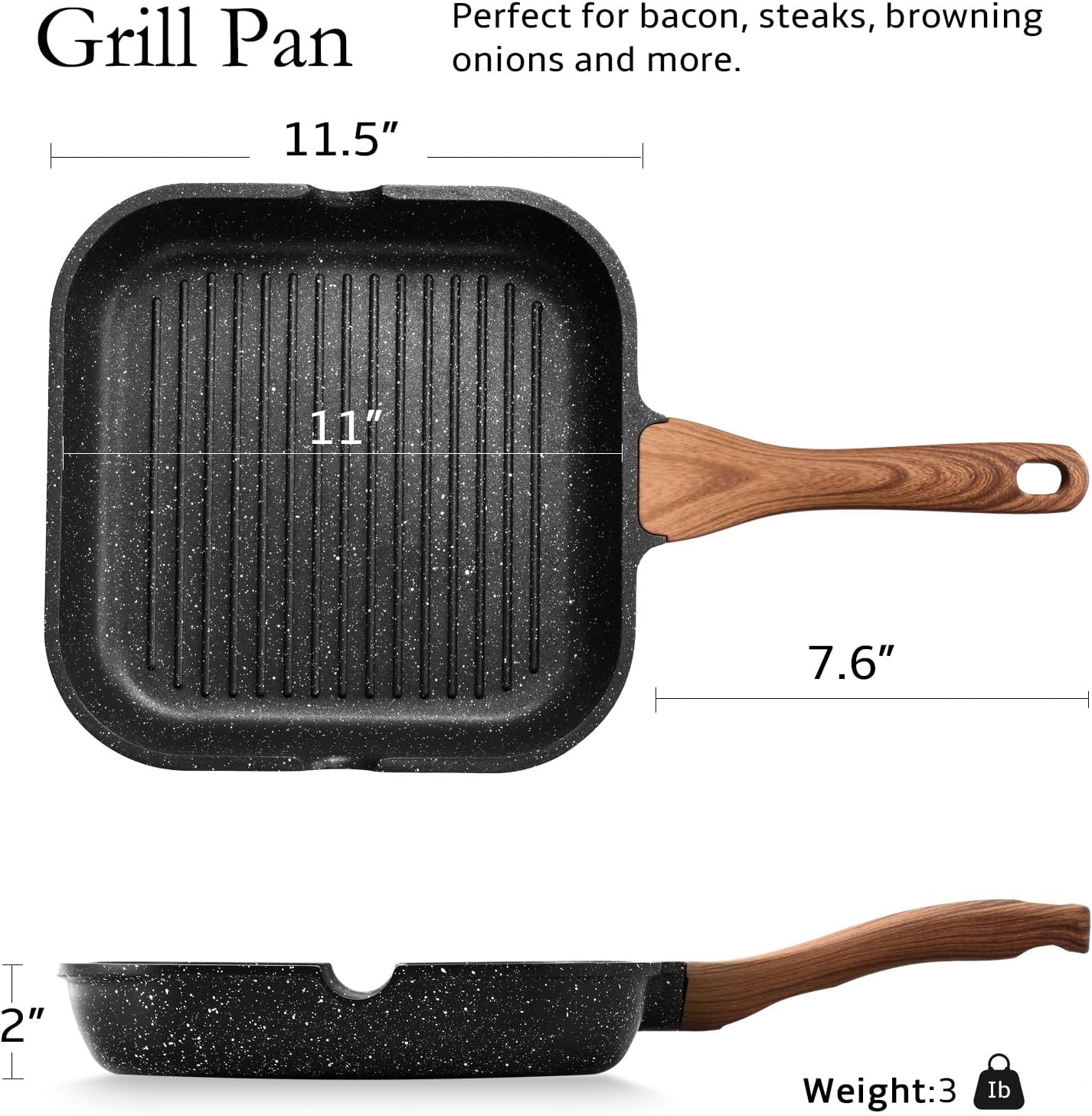 ESLITE LIFE 11 Inch Nonstick Grill Pan for Indoor Cooking, Versatile Induction Square Large Grilling Skillet Steak Pan for Stove Tops, PTFE & PFOA Free, Black