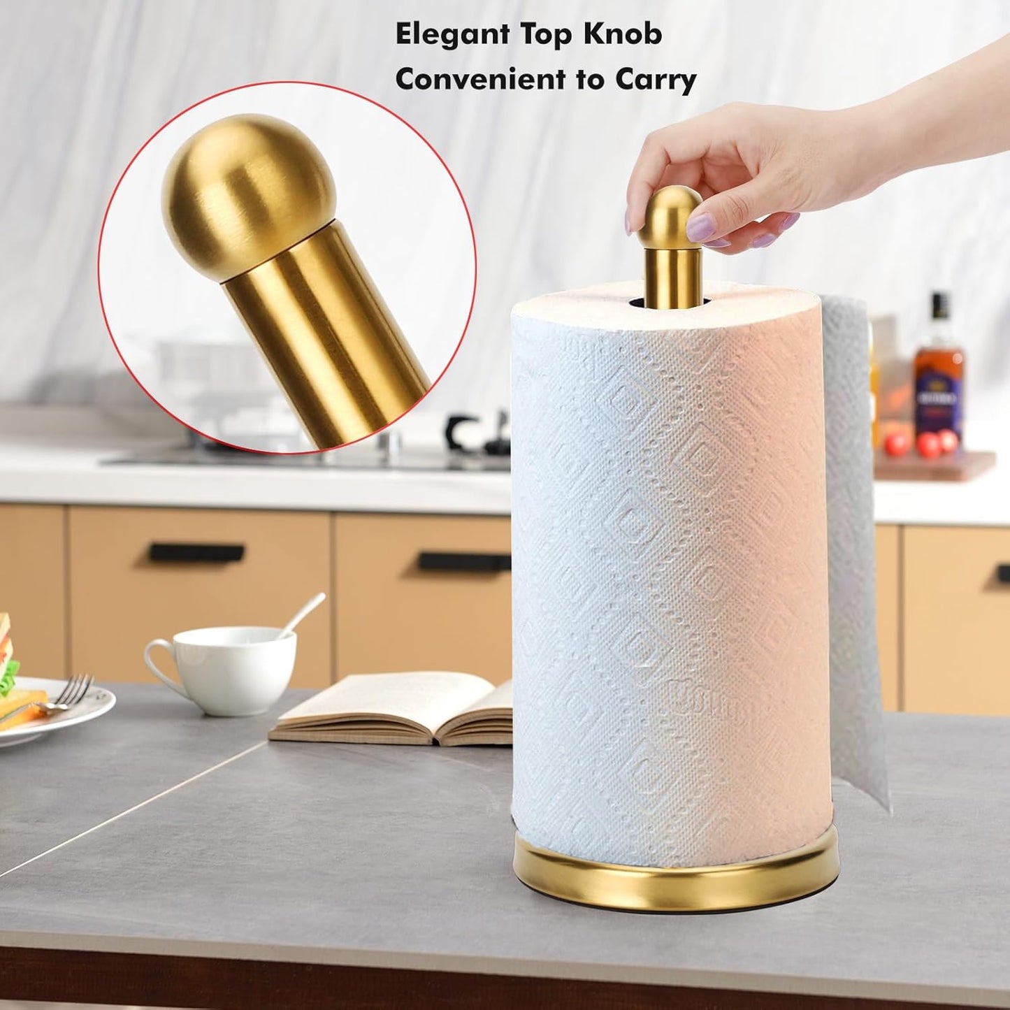 Paper Towel Holder Stand with Sturdy Base Fits Standard and Jumbo Sized Paper Towel, Paper Towel Holder Countertop (Gold)