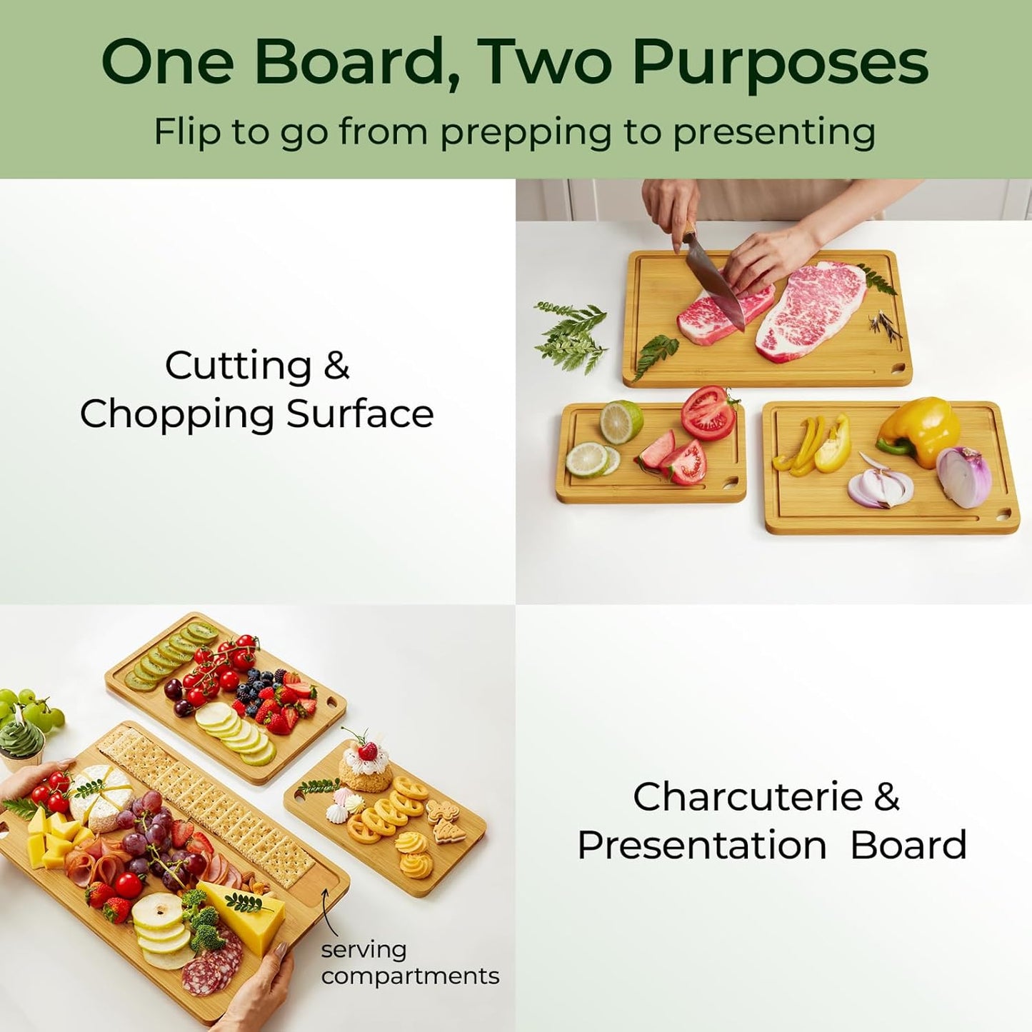 Wood Cutting Board for Kitchen - Reversible Bamboo Cutting Boards Gift Set of 3 with Juice Groove, Wooden Chopping Board for Meat, Fruit, Vegetables & Cheese (Pre Oiled, Natural)
