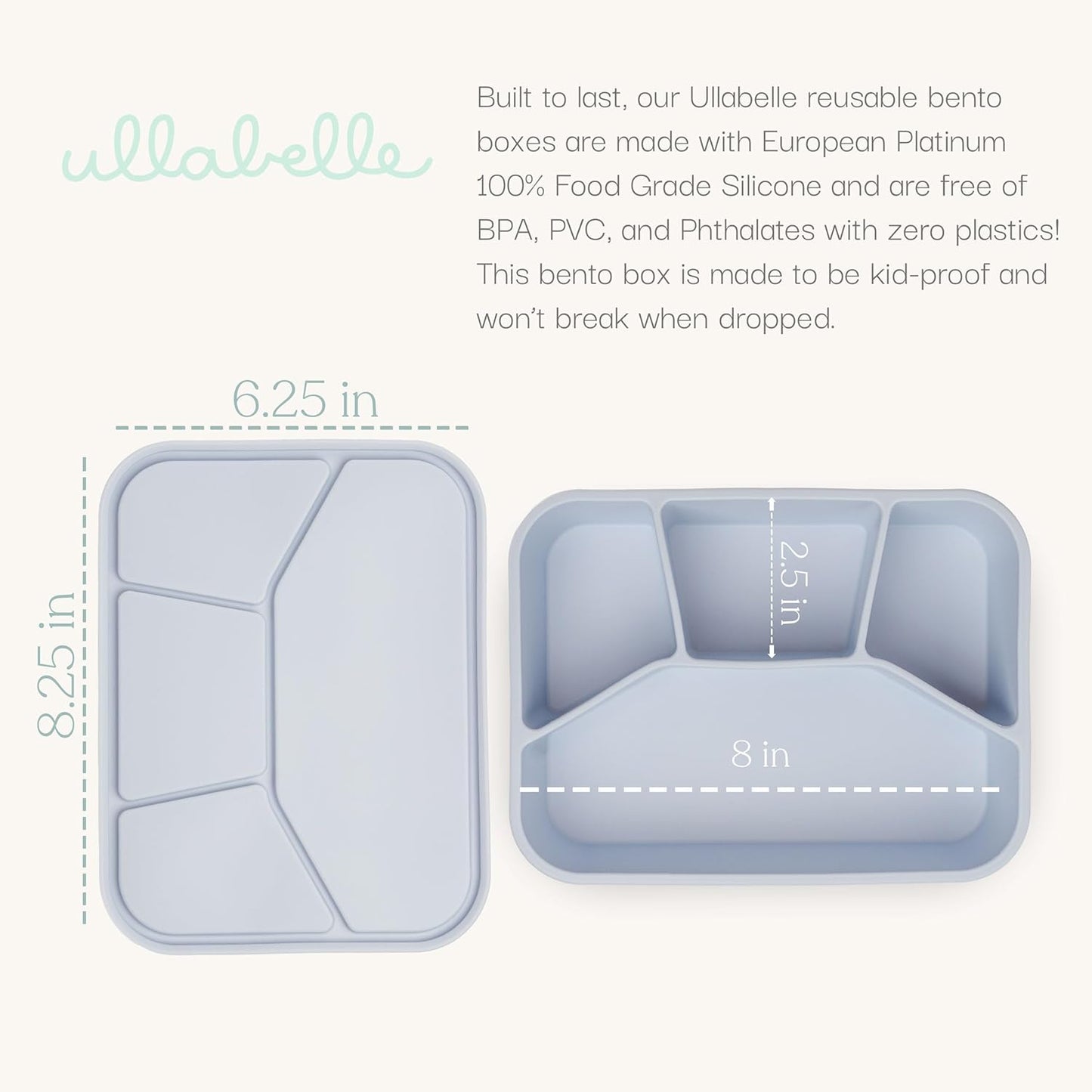 Ullabelle Leak Proof Bento Box Food-Grade Silicone Bento, BPA, Phthalate, Lead, & PVC Free - Bento Lunch Box for Daycare, Kids, & Adults - Leak Resistant Sets With Lids Snack Box Container (Grey 4)