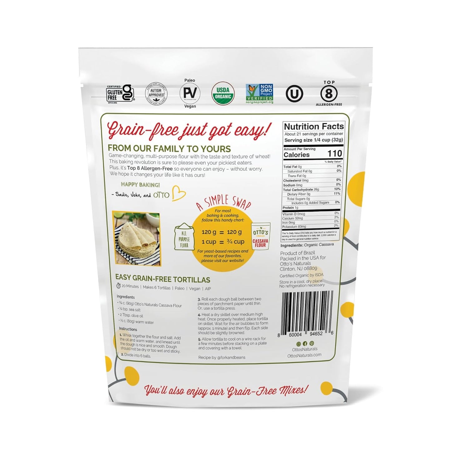 Otto's Naturals Organic Multi-Purpose Cassava Flour, Gluten-Free, Grain, Nut and Gum-Free, 1-to-1 Wheat Alternative, Paleo, AIP, 1.5 lb