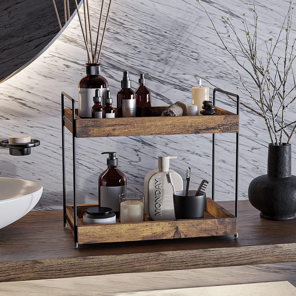 2-Tier Bathroom Counter Organizer, Wood Kitchen Countertop Spice Rack, Vanity Cosmetic Makeup Organizers Shelf for Bathroom Storage Organization, Rustic Brown