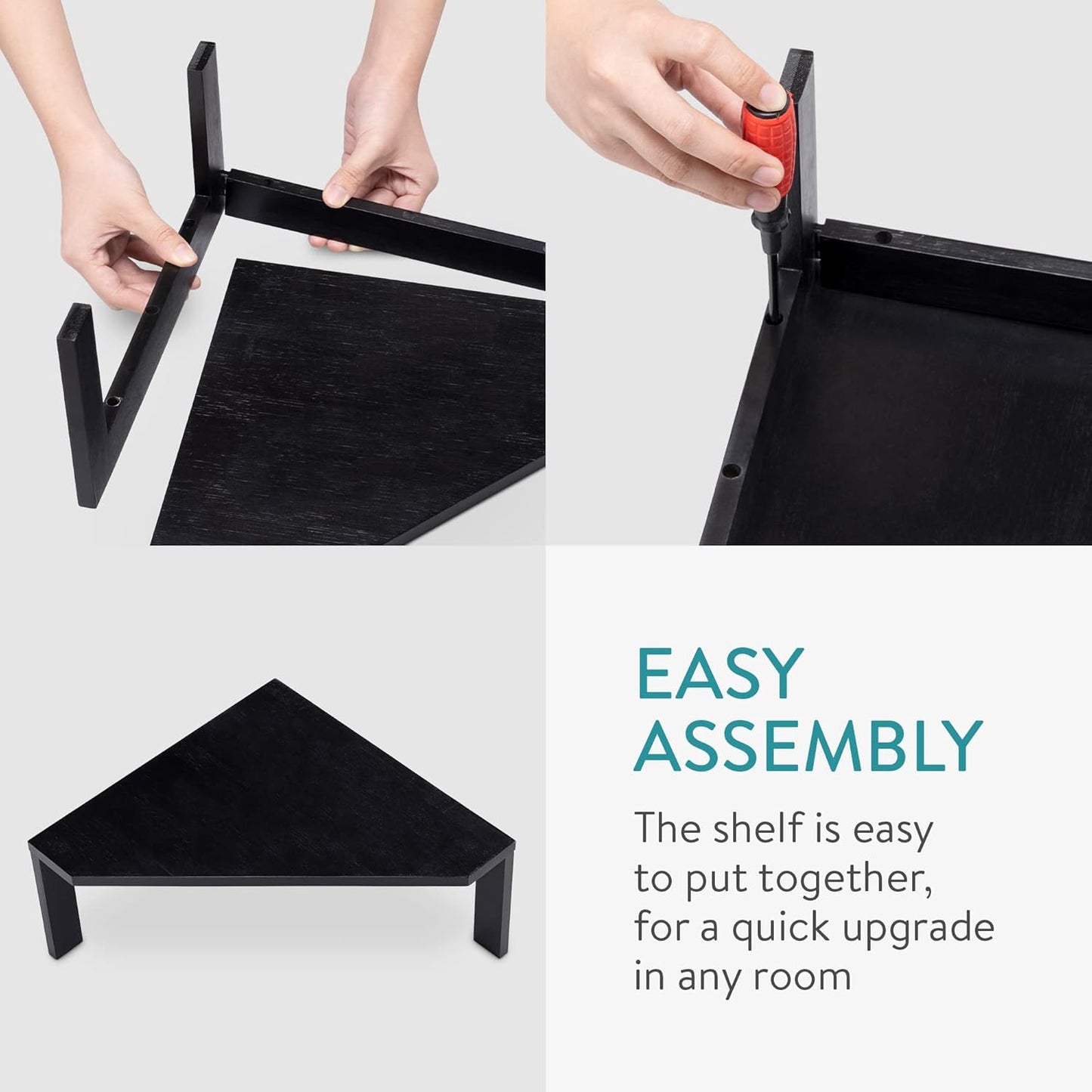 Navaris Bamboo Corner Shelf Unit - Free-Standing Corner Shelf Organizer for Kitchen Cabinet Cupboard Counter-Top Storage 11.8" x 11.8" x 5.9" - Black