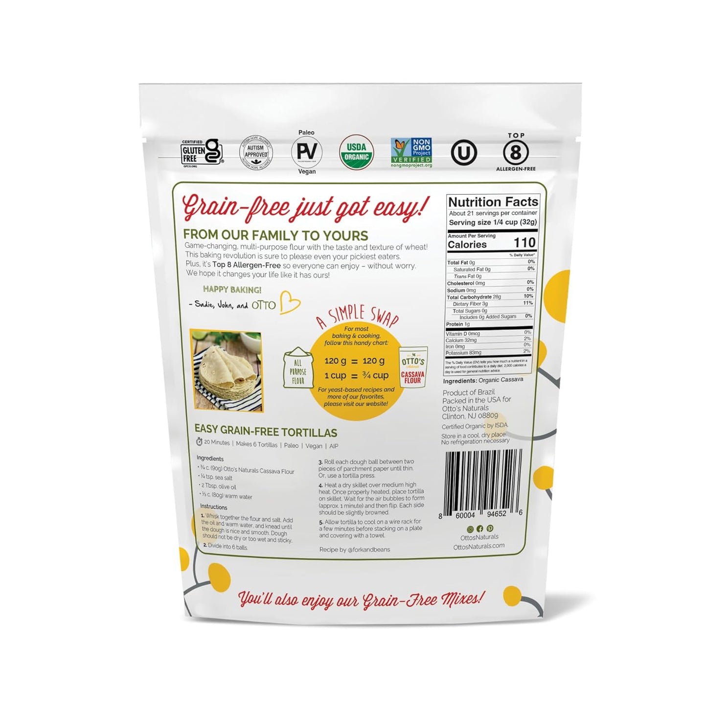 Otto's Naturals Multi-Purpose Cassava Flour, Non-GMO, Gluten-Free, Grain, Nut and Gum-Free, 1-to-1 Wheat Alternative, Paleo, AIP, 1 lb