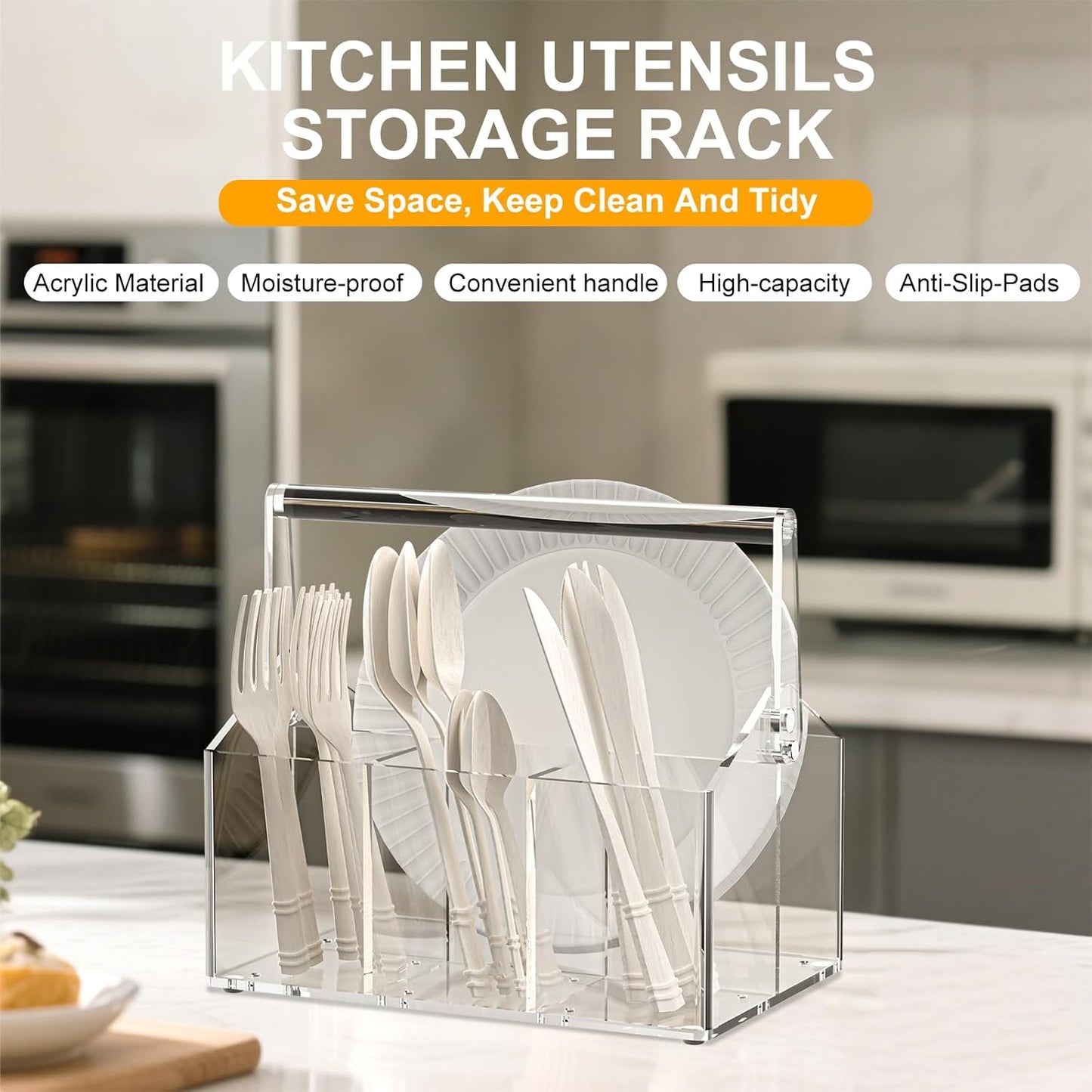 Acrylic Utensil Caddy.Silverware Organizer & Utensil Holder-Heavy-Duty Countertop Cutlery Caddy for Spoons, Forks, Knives, Napkins, Plates | Space-Saving Table, Buffet, Picnic Party Essential