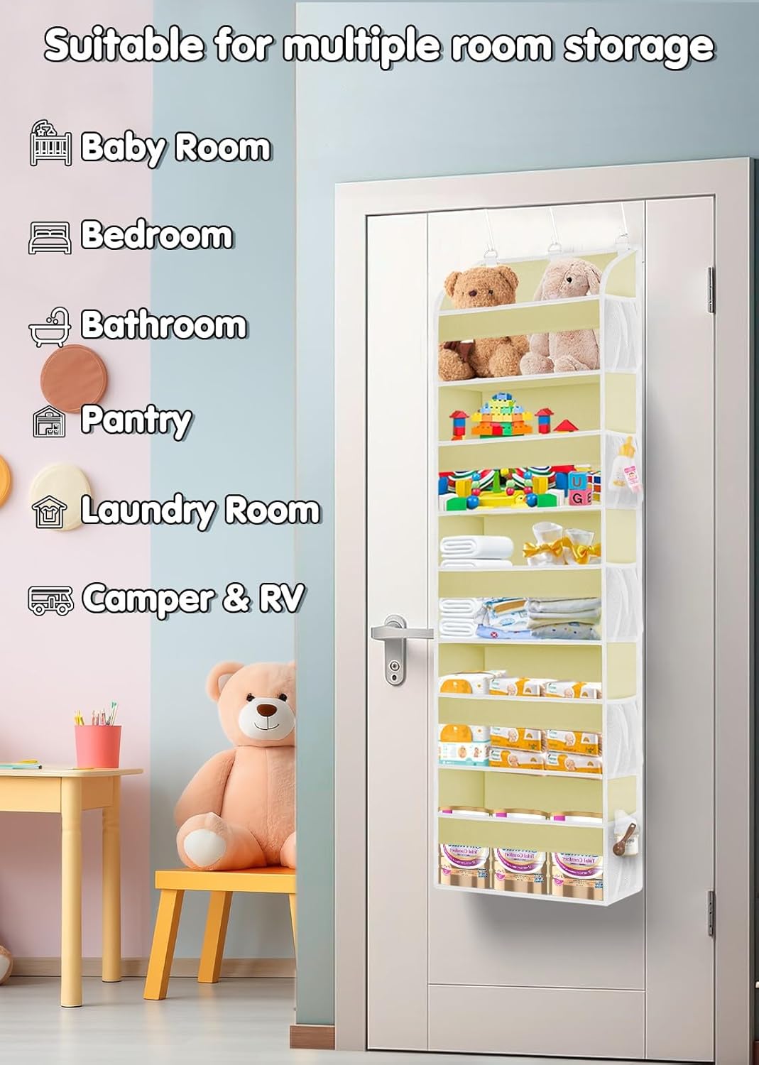 2 Pack Over The Door Storage Organizer with 5 Pockets 10 Mesh Pockets, 44 lbs Weight Capacity Door Hanging Organizers and Storage for Bedroom,Bathroom,Nursery,Kidroom,Babyroom