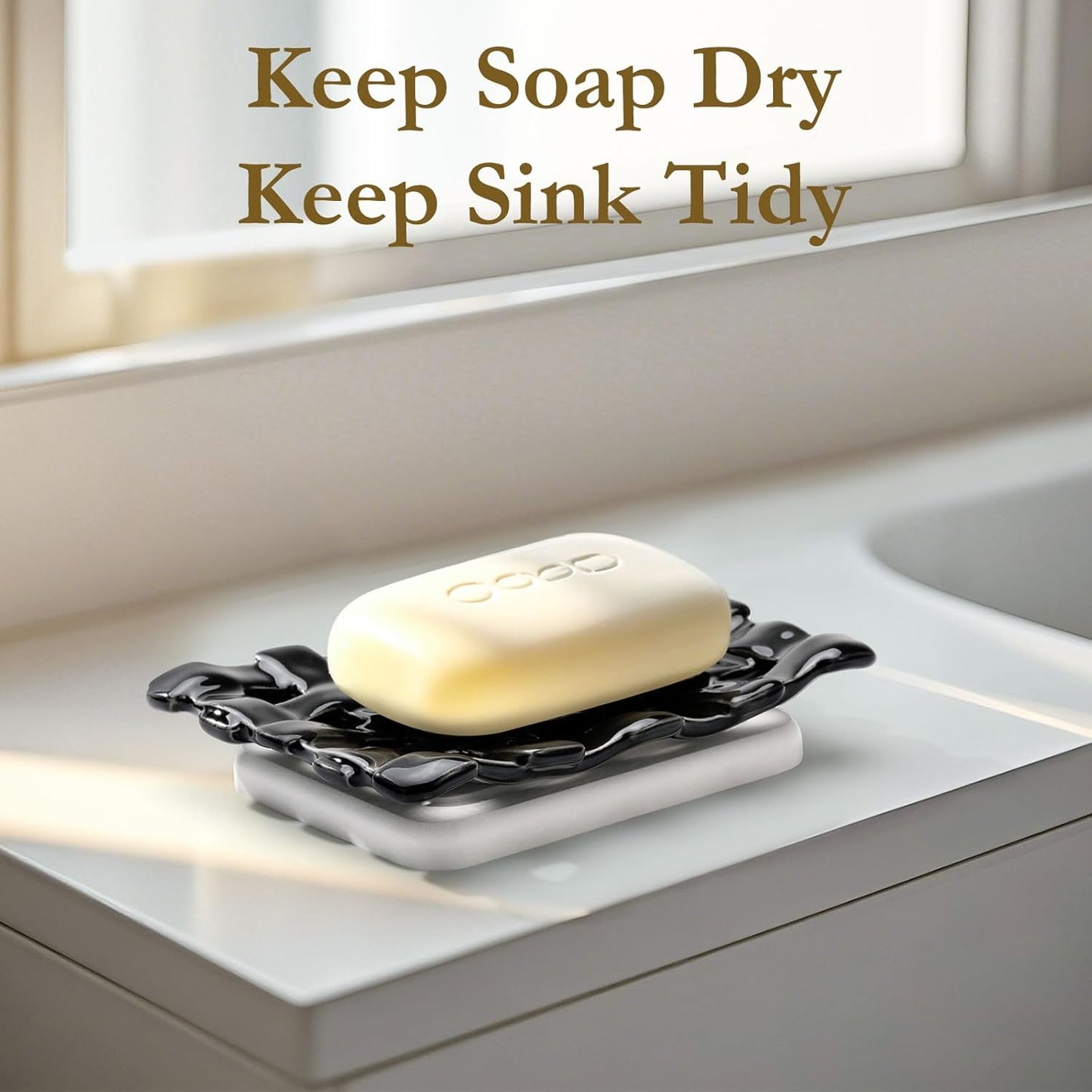 Shinowa Self Draining Soap Dish, Dual Layer Soap Container, Woven Ceramic Soap Tray + Diatomaceous Earth Base, Dish Soap Holder for Kitchen, Bathroom, Shower, Quickly Drain Water, Easy to Clean