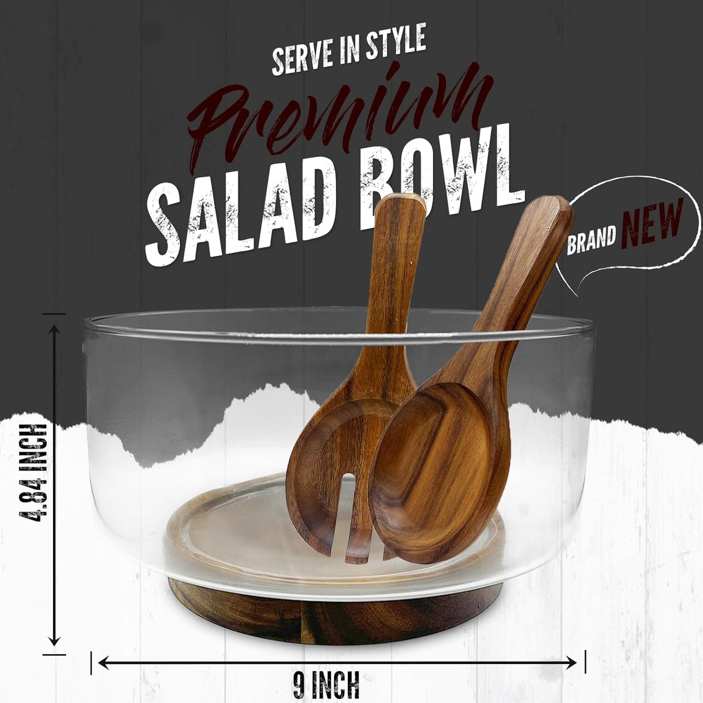 Premium Large Glass Salad Bowl Set with Acacia Wood Base and Serving Utensils - Ideal for Hosting Parties, Host Family Gatherings, and Everyday Use - Elegant, Durable, and Practical Kitchen Essential