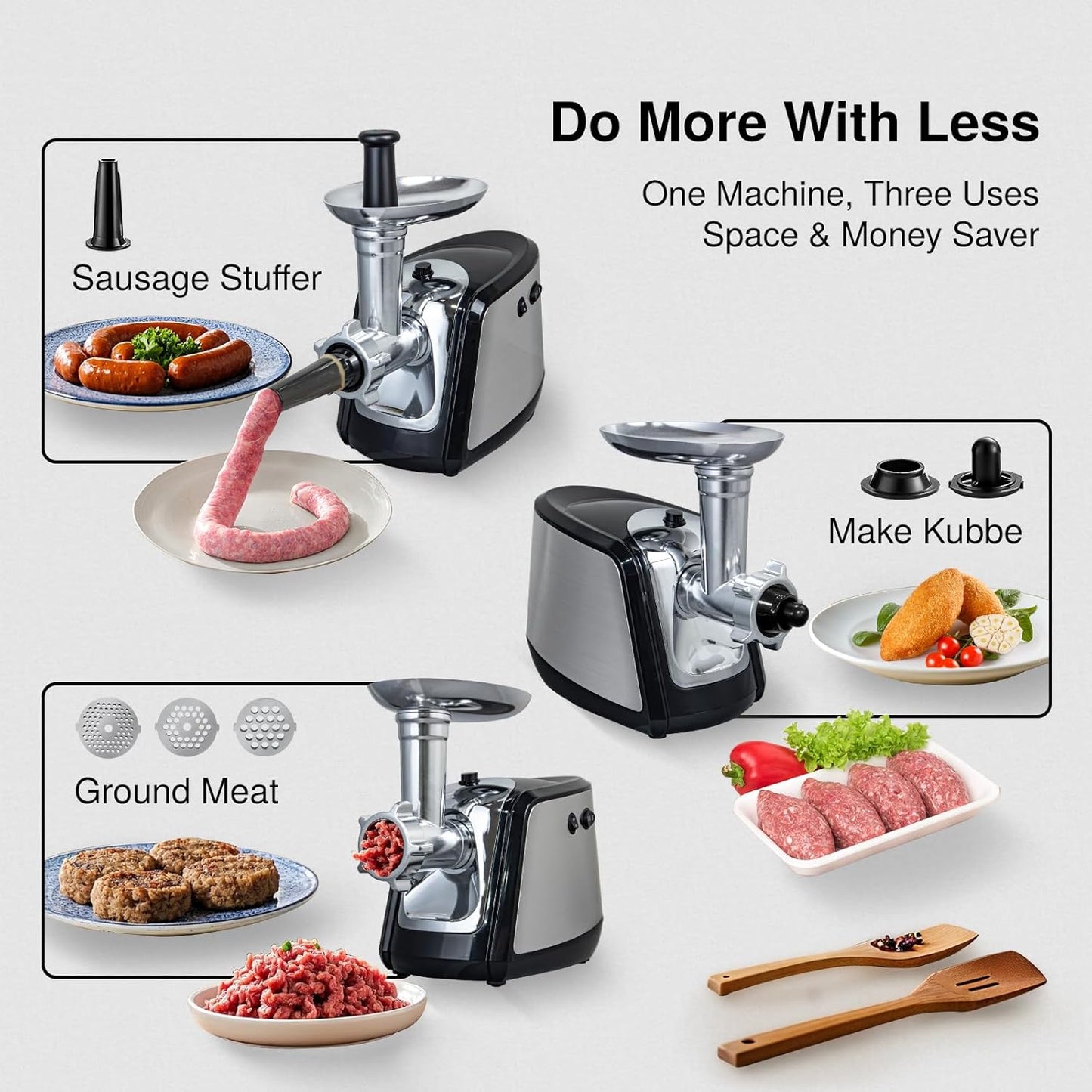 Electric Meat Grinders for Home Use, 3000W Max Sausage Stuffer Machine Kitchen Meat Grinder Heavy Duty With 3 Grinding Plates, Sausage Maker Tubes & Kubbe Kit Stainless Steel Food Grinder