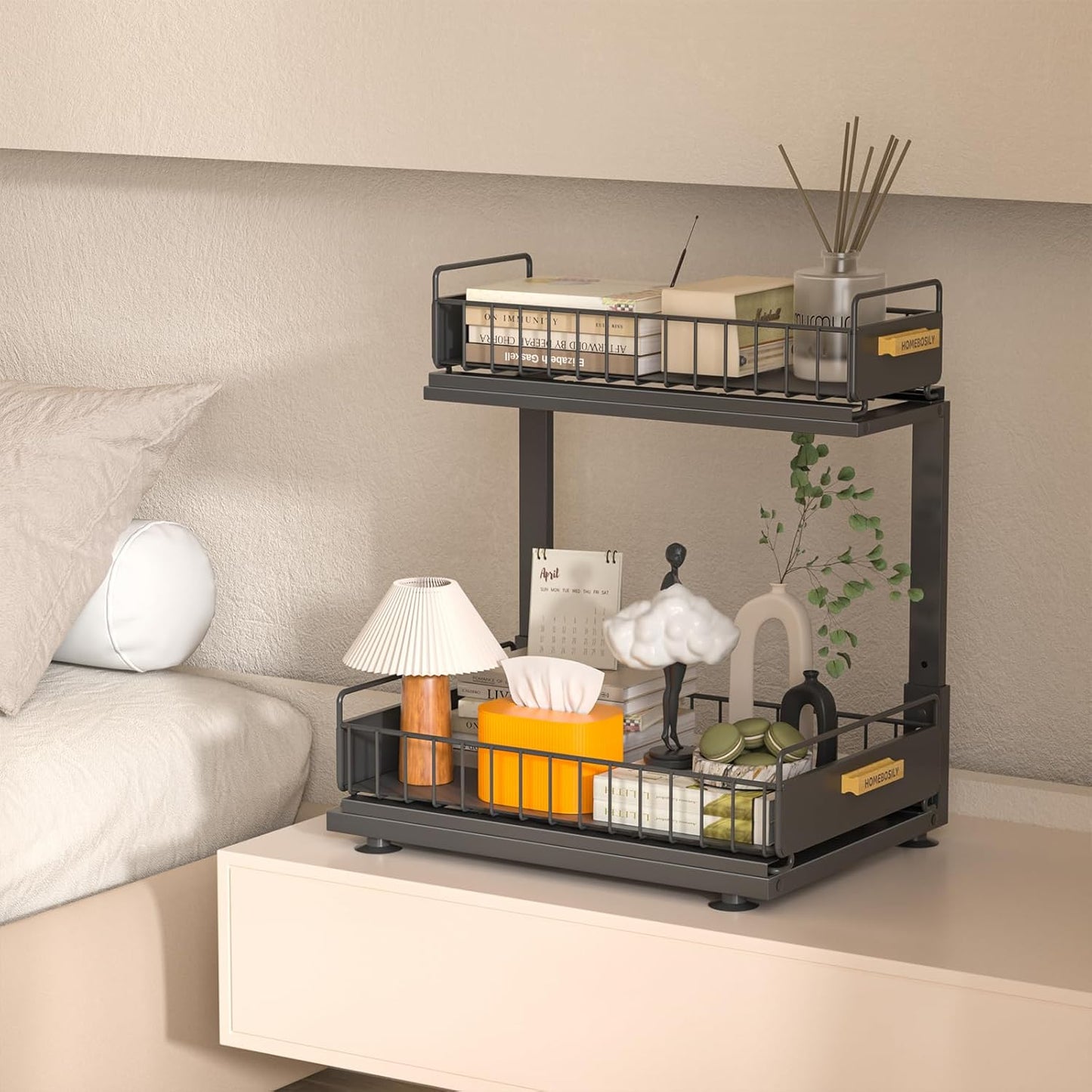 Under Sink Organizer, Pull Out Kitchen Cabinet Organizer, 2-Tier Metal Under Sink Organizers and Storage Height-Adjustable, Kitchen Bathroom Organizers and Storage Shelves, Black