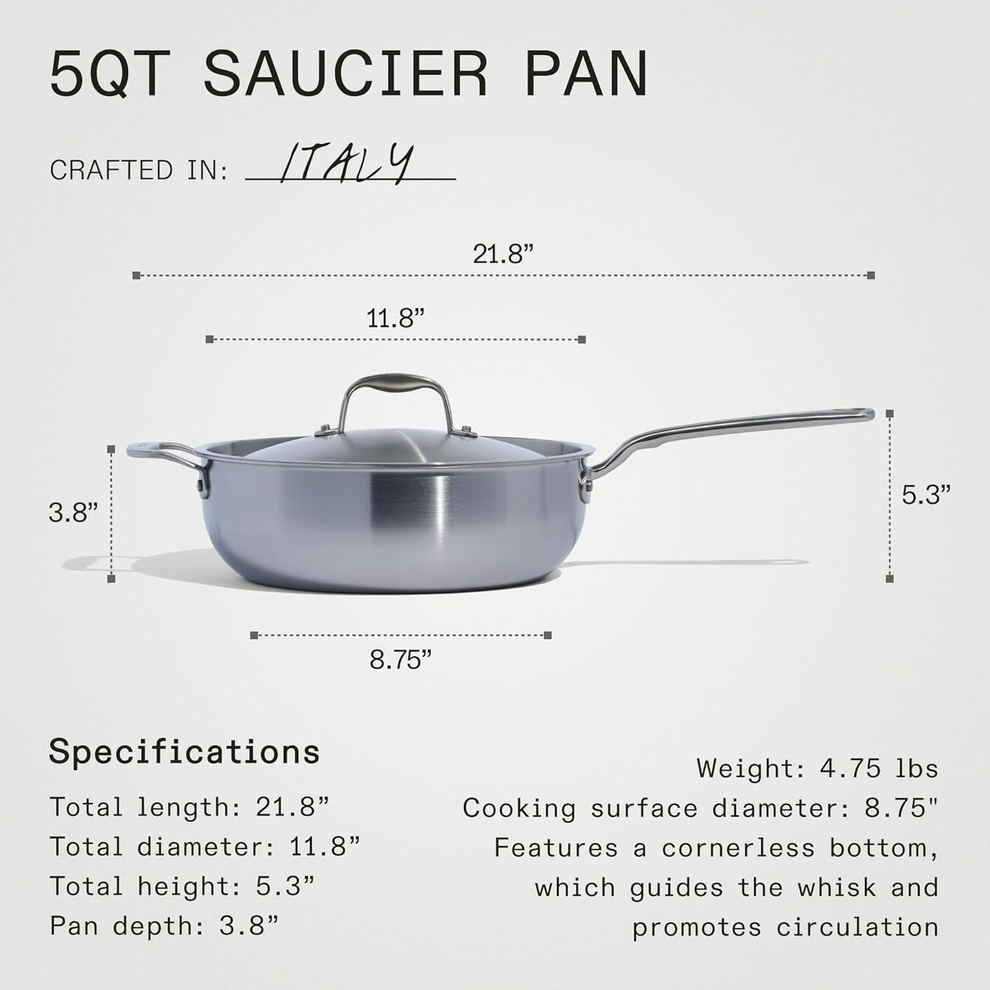 Made In Cookware - 5 Quart Stainless Steel Saucier Pan - 5 Ply Stainless Clad - Professional Cookware - Crafted in Italy - Induction Compatible