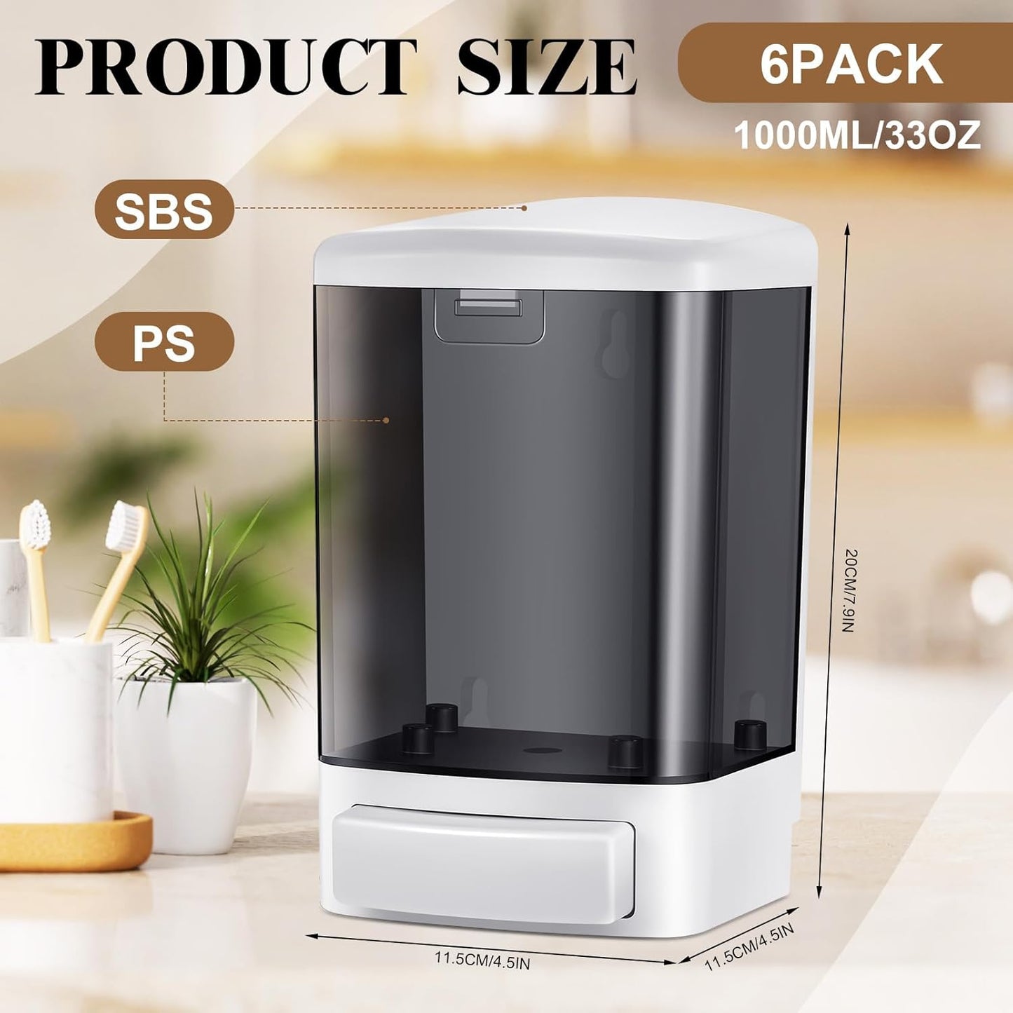 Hushee 6 Pcs Plastic Wall Mounted Soap Dispenser Commercial Manual Soap Dispenser Containers for Kitchen Shower Hotel